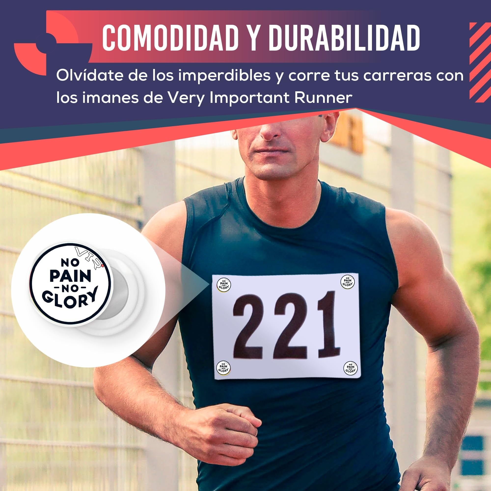 VERY IMPORTANT RUNNER - Pack de 4 Imanes Deportivos con Bolsa Impermeable - Imanes Sujeta Dorsales para Running y Triatlón 18mm - Sujeción Segura Sin Agujeros en la Ropa - Diseño No Pain No Glory — view 4