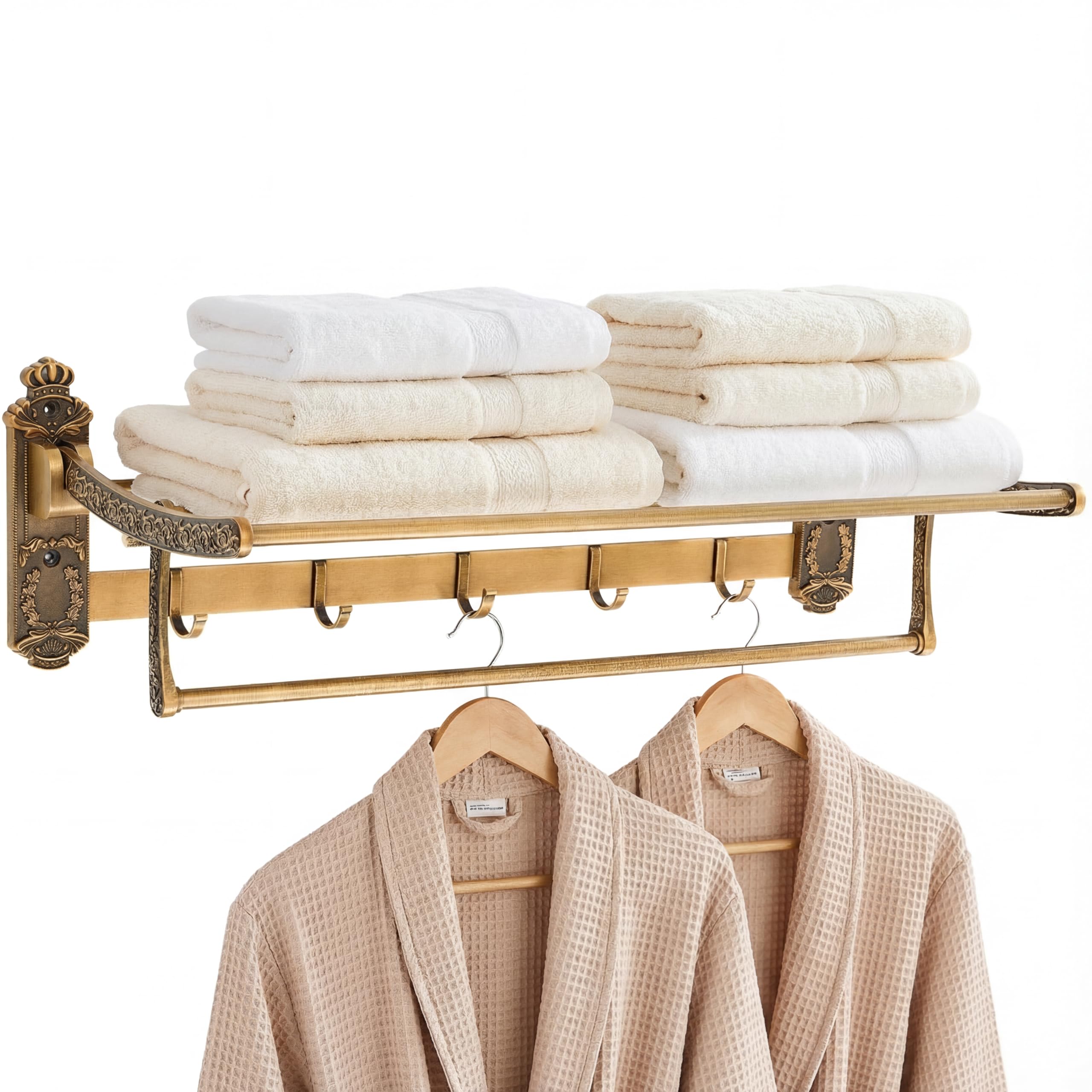 Photo 1 of Otoolling Brass Foldable Towel Rack with Hooks, Foldable Wall Mounted Bathroom Shelf Towel Bars Antique Gold Aluminum Rail Holder for Bathroom, Entryway, and Kitchen(2-Tier European Style,24")