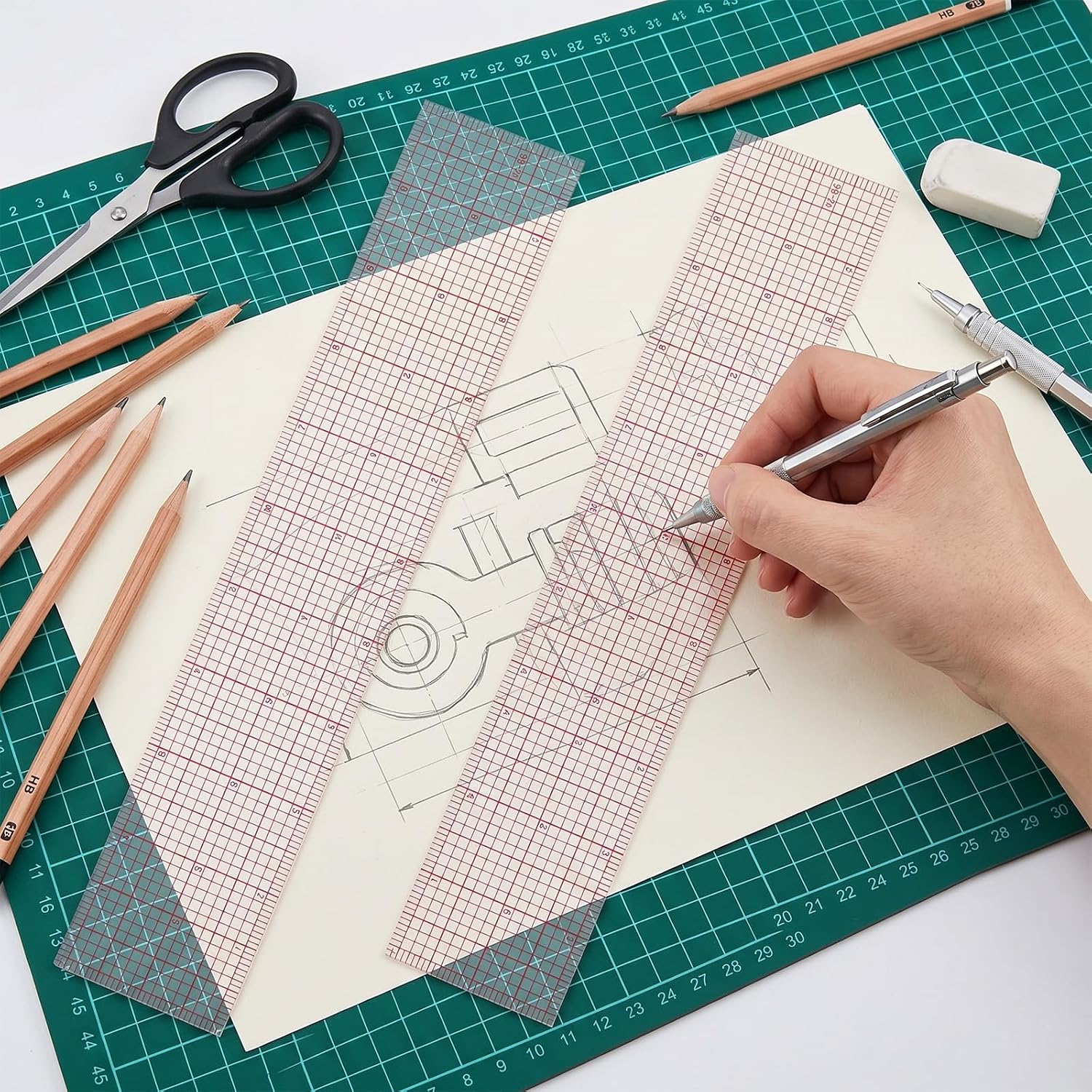 Clear Sewing Ruler, Shimmeroo 12 Inch Pink Plastic Grid Ruler | Transparent Straight Measuring Tool with Sandwich Scale for Pattern Grading Making Quilting