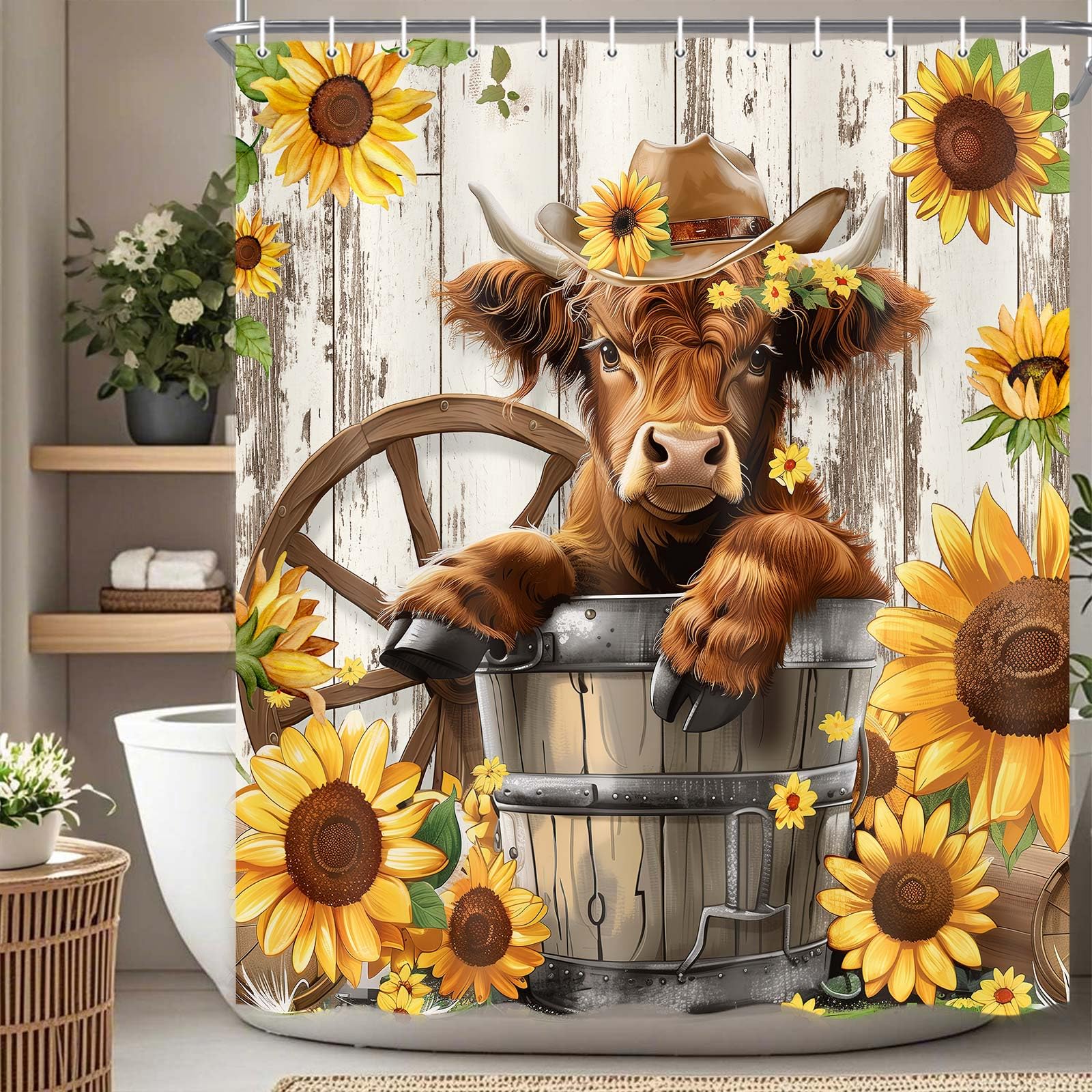 Farmhouse Highland Cow Shower Curtain, Rustic Cow Shower Curtain Set Farmhouse Bull Sunflower Bathroom Curtain Decor, Waterproof Western Farm Country Bull Bathroom Curtain with 12 Hooks 69X70 Inch