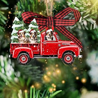 Talataca Australian Shepherd 2D Flat Wooden Christmas Ornament, Australian Shepherd Dog Red Pickup Truck Pine Tree Decor, Hanging House Charm Eve Keepsake, Wood Car Mirror Accessories, Xmas Gift