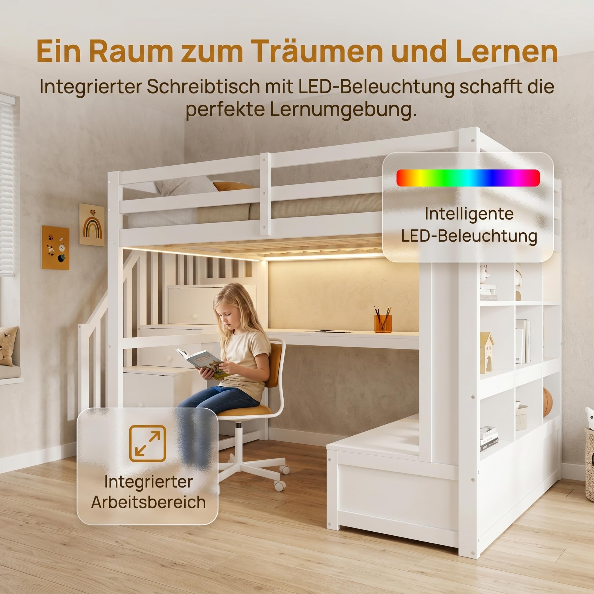 Su & Chan Legence Hochbett 140x200 mit Schreibtisch, Kinderbett aus massivem Kiefernholz mit Stauraumtreppe, Schubladen, Regalen und LED Beleuchtung, Weiß