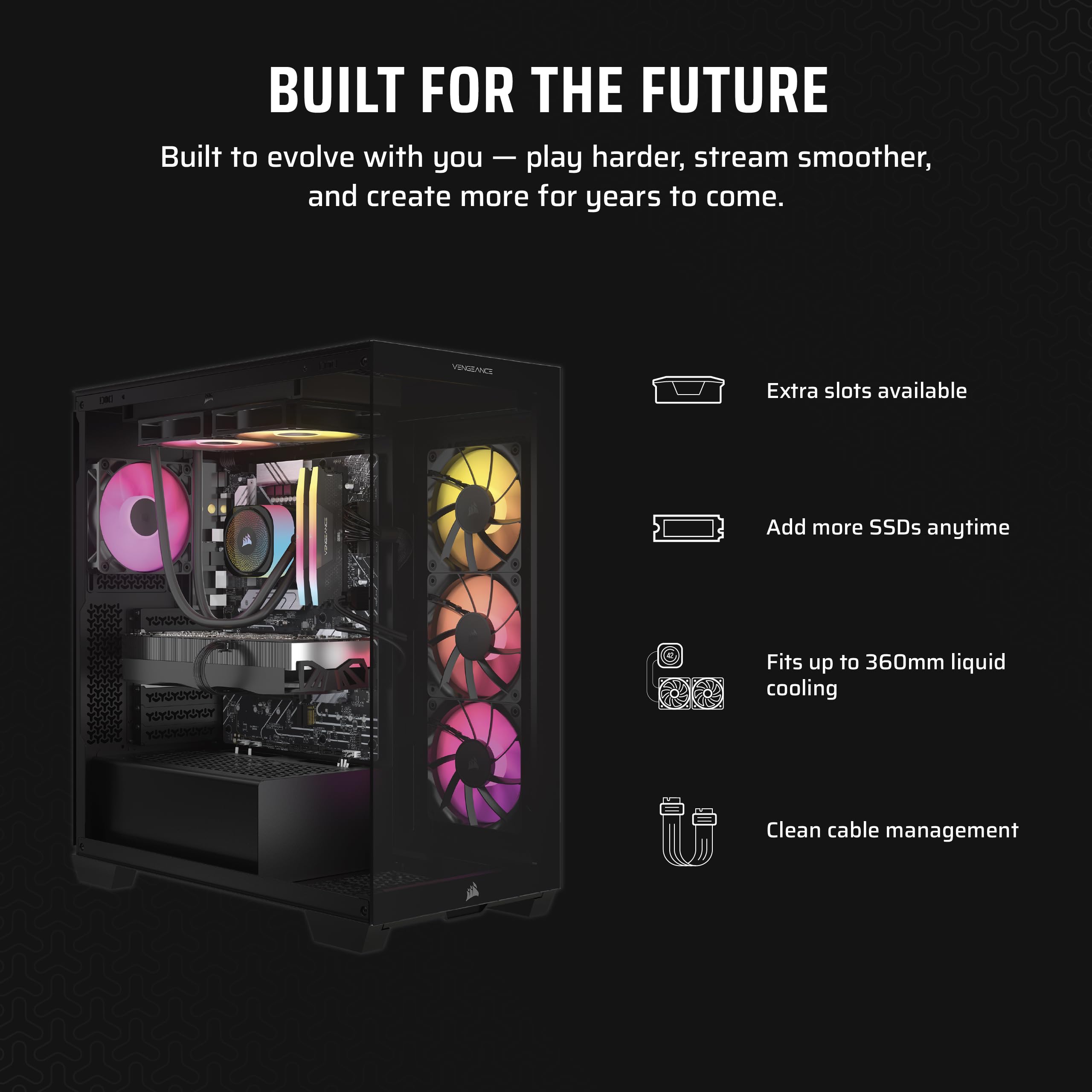 Corsair Vengeance i7500 Gaming PC – Liquid Cooled Intel® Core™ i9-14900KF CPU – NVIDIA® GeForce RTX™ 5090 GPU – 64GB Vengeance RGB DDR5 Memory – 2TB M.2 SSD – Black
