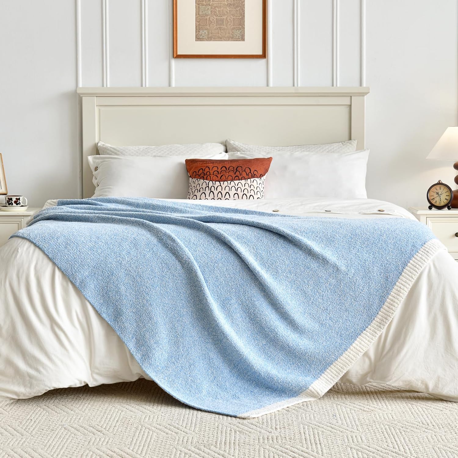 Cozy Knit Throw Blanket, Soft Washable Knitted Blanket for Bed Couch Boucle Feather Oversized Coastal Blanket Indoor Outdoor Chunky Knit Blankets (Blue, Twin 60"x80")