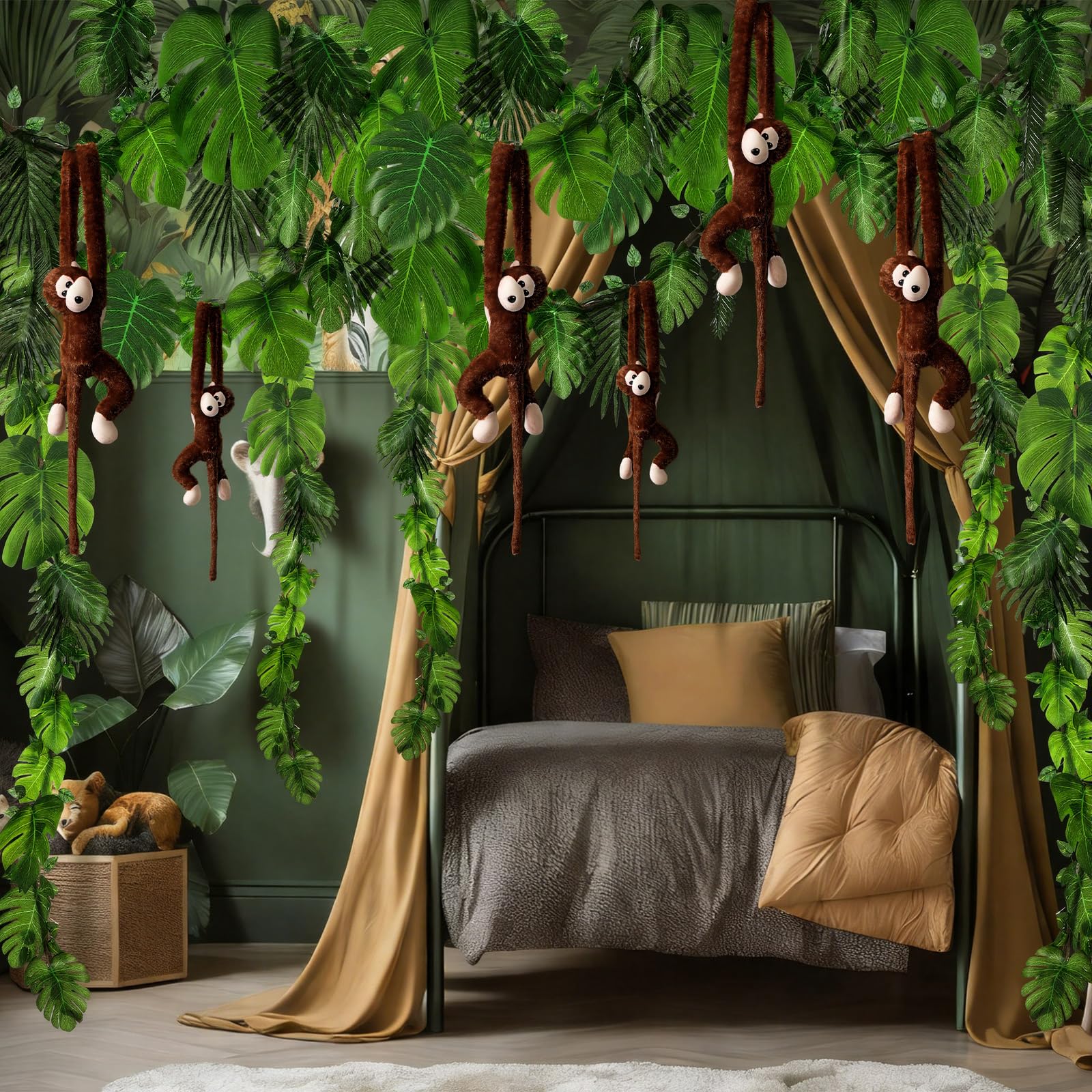 Suncalla 115 piezas de decoración de fiesta temática de la selva, 6 monos colgantes de peluche de 29 pies, vides Pothos de 40 pies, ratanes artificiales, 100 guirnaldas tropicales de hojas de palma