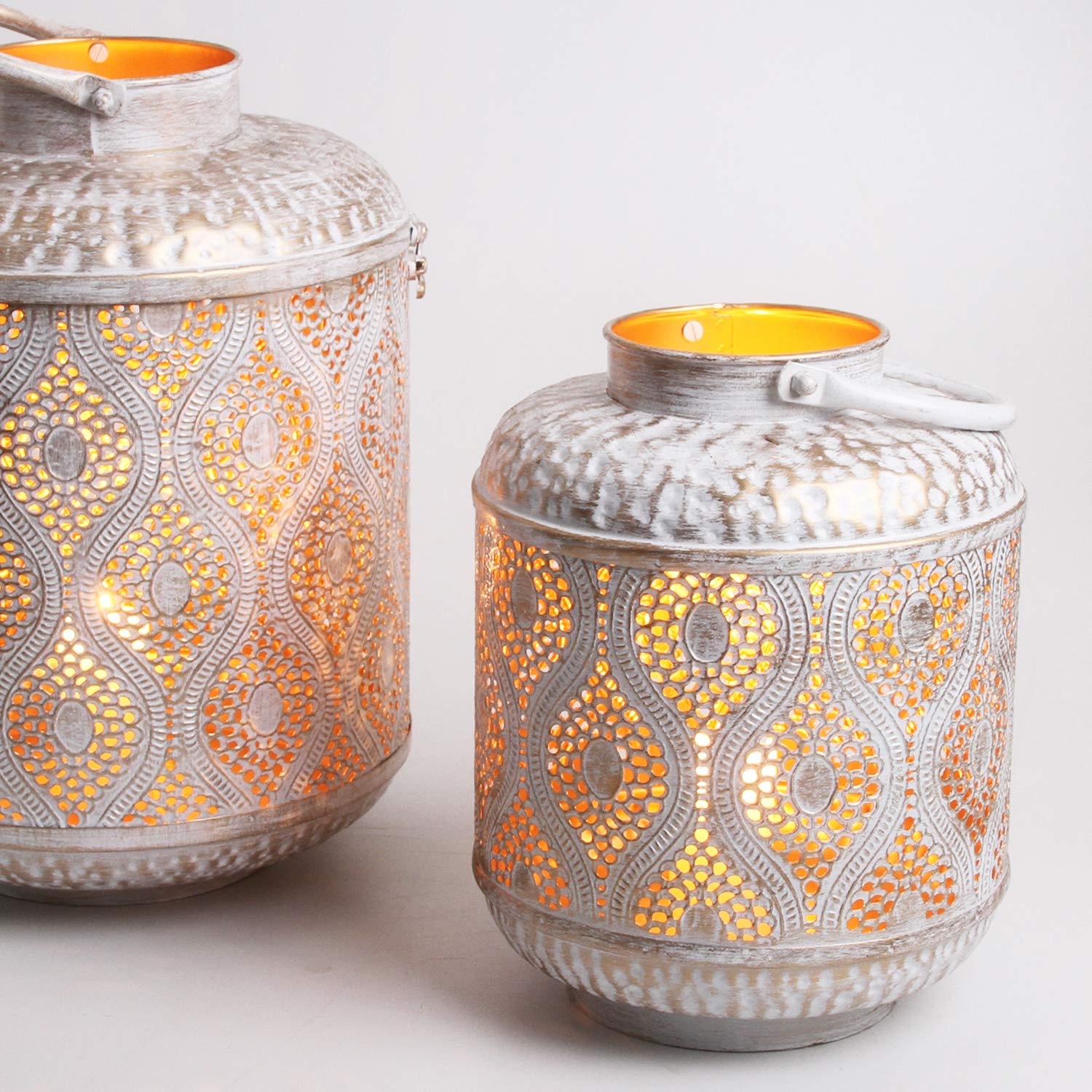Orientalische Laterne Suraya im 2er Set in Shabby Chic Weiss Gold aus Metall Marokkanisches Windlicht stehend & hängend Tischlaterne für Ostern Muttertag Hochzeit Feier Dekoration IRL5020