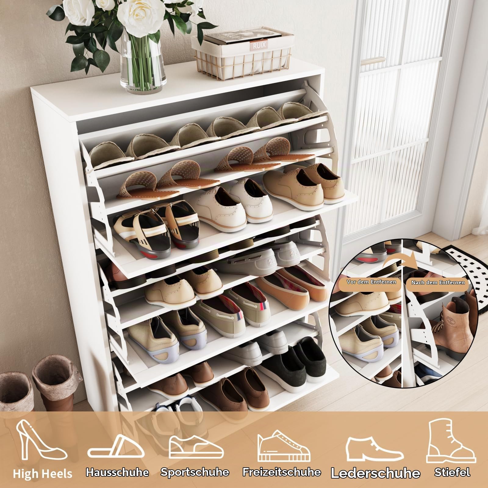 VOWNER Schuhschrank mit 3 Klappen Weiß 80x30x117cm