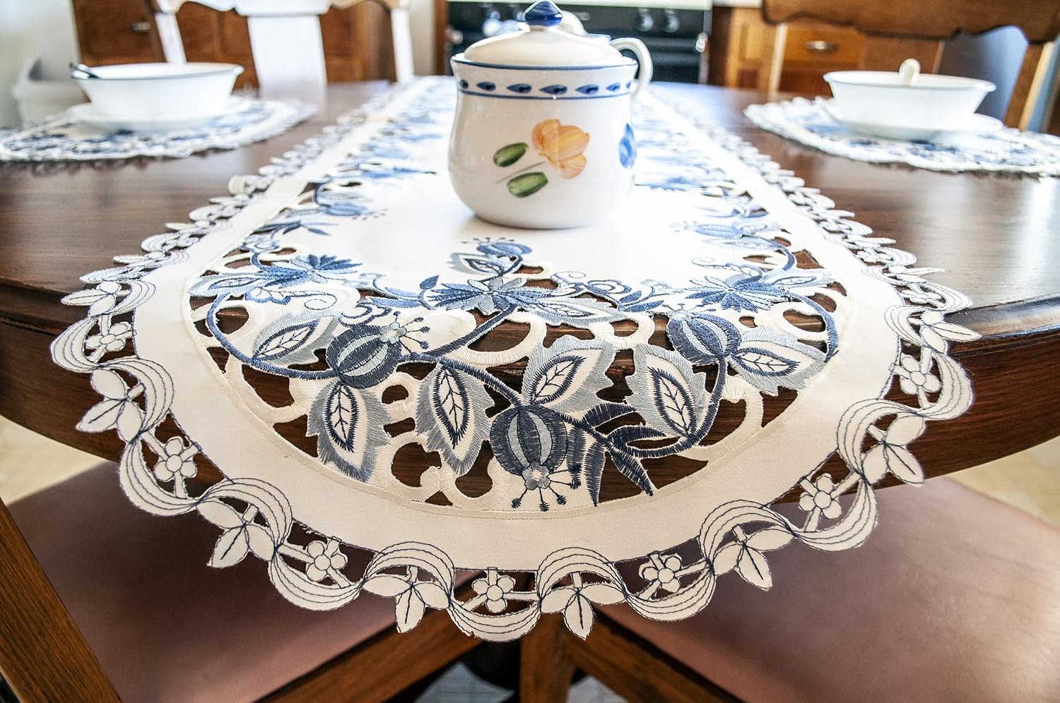 Embroidered Delft Blue Onion Flower Table Runner, Dresser Scarf, Doily (15Wx54L)