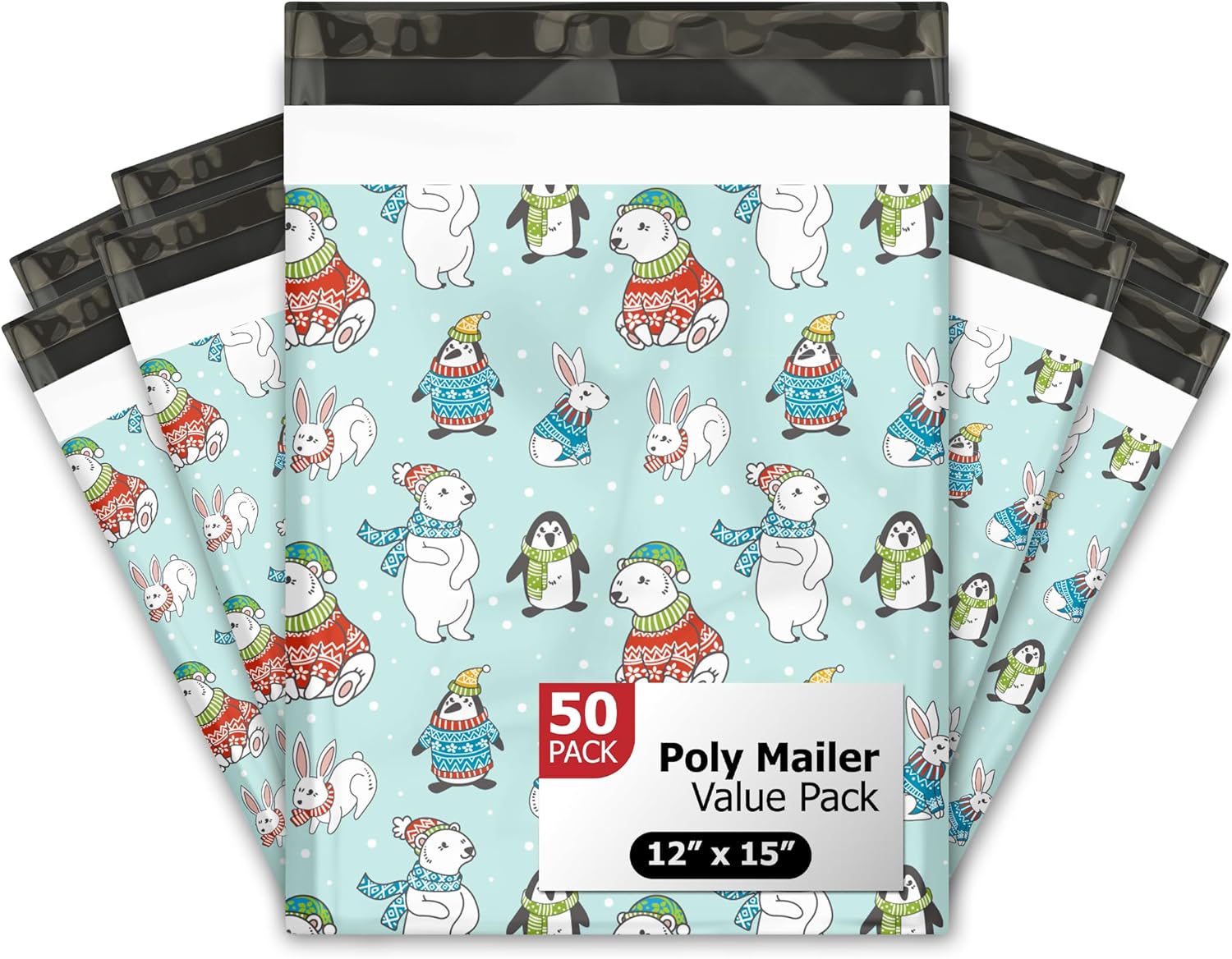 12x15 (50) Winter Animals Christmas Designer Poly Mailers Self Sealing Waterproof Shipping Envelopes Holiday Premium Printed Bags For Small Businesses