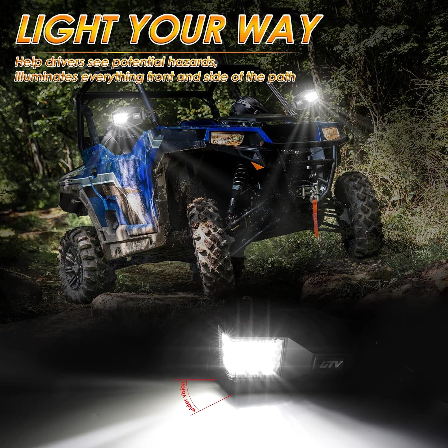 UTV Side View Mirrors with LED Lights, Lighted Rearview Mirror fit 1.5"-2" Roll Bar Cage RZR Side Mirrors with Clear Lens LED Flood Light for Polaris Can Am XP 1000 Maverick X3 Yamaha SXS