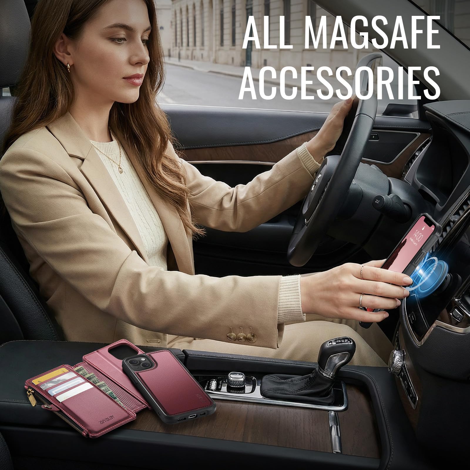 per iPhone 13 - Custodia a portafoglio magnetica staccabile | Compatibile con Magsafe, porta carte di credito con blocco RFID, tasca con cerniera, cinturino da polso