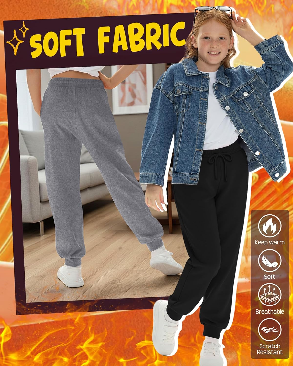 3 Pack Girls' Sweatpants Active Fleece Soft Athletic Jogger Pants for Kids Youth with Pockets Drawstring - Image 4
