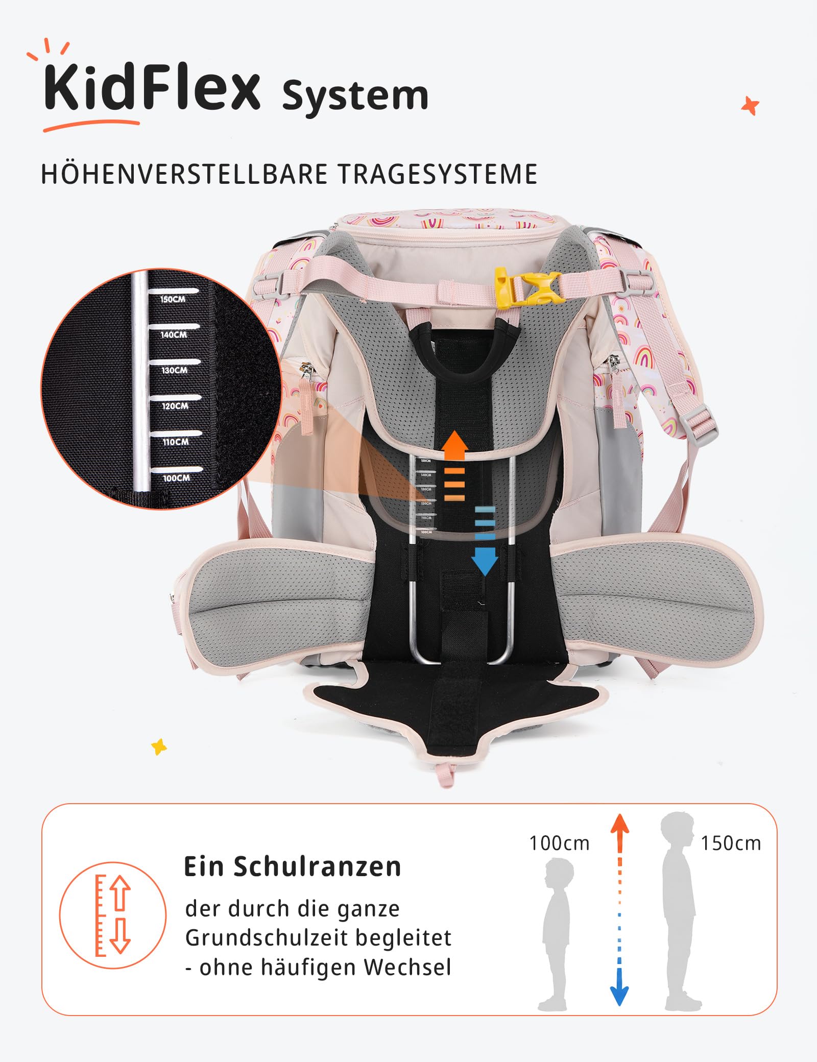SKYSPER Set Zaino Ergonomico per Bambini 5 Pezzi Set per la Scuola Zaino con copripioggia e strisce riflettenti Prima Elementare Viaggio Scuola Sport Attività all'Aperto