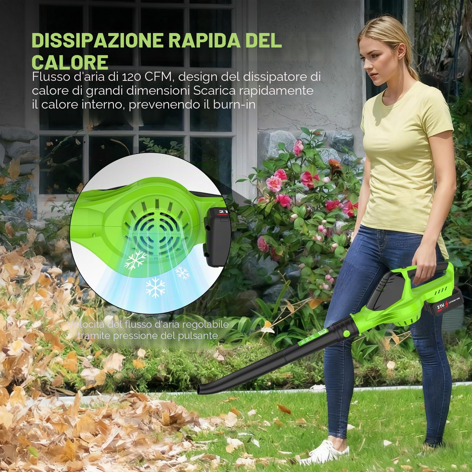 Soffiatore Aspirapolvere a Lame con Batteria 21V Aspirapolvere Foglie Jardin 3000W Ventilatore a Foglie Potente a 5 Velocità Ventilatore da Neve per Giardino e Cura
