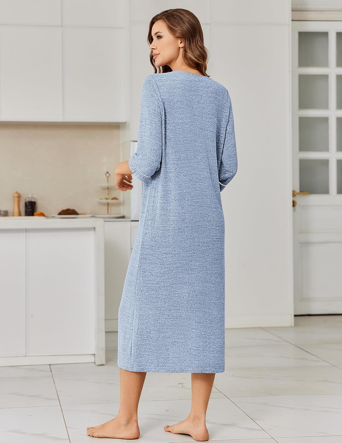 Ekouaer Zipper Robes for Women 3/4 Sleeve Bathrobe Lightweight House Coats for Women with Pockets Long Moo Moo Nightgown - Image 4