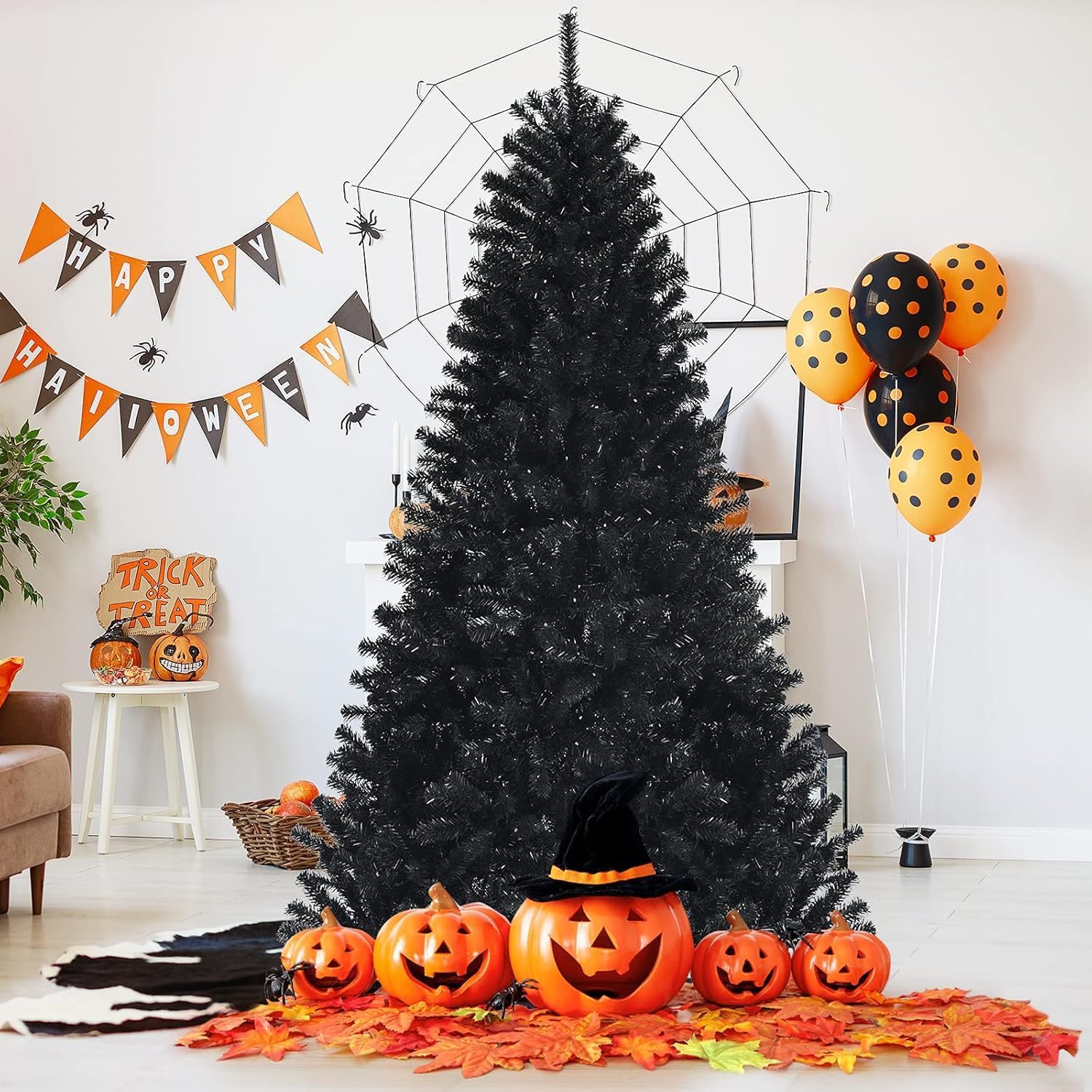 Happygrill 7ft Pre-lit Black Christmas Tree, Artificial Xmas Tree with 500 Purple LED Lights, 1096 Branch Tips & Foldable Metal Stand, Holiday Festival Decoration for Christmas Halloween