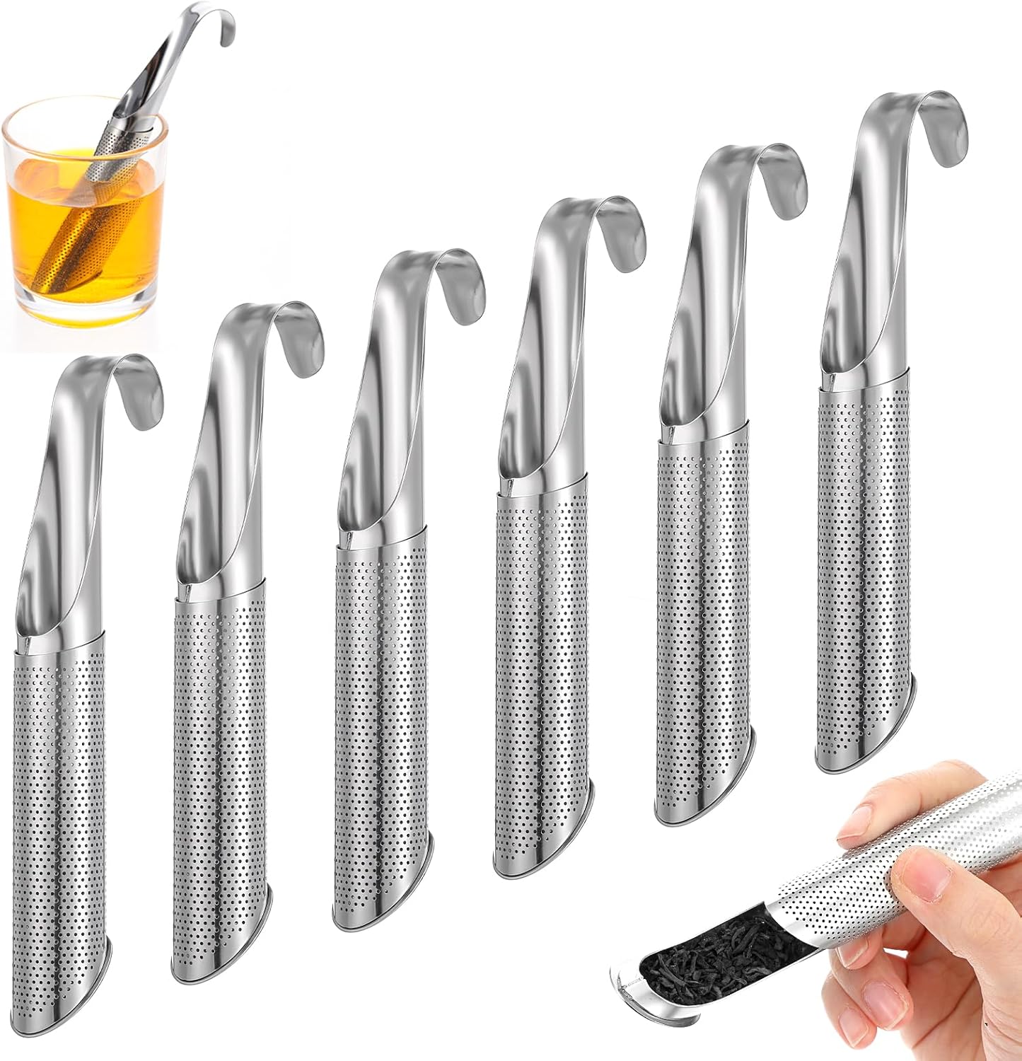 6Pcs Stainless Steel Tea Infuser Diffusers, Artistic Pipe with Hook Handle, Universal Fine Holes Strainer for Loose Tea, Coffee & More