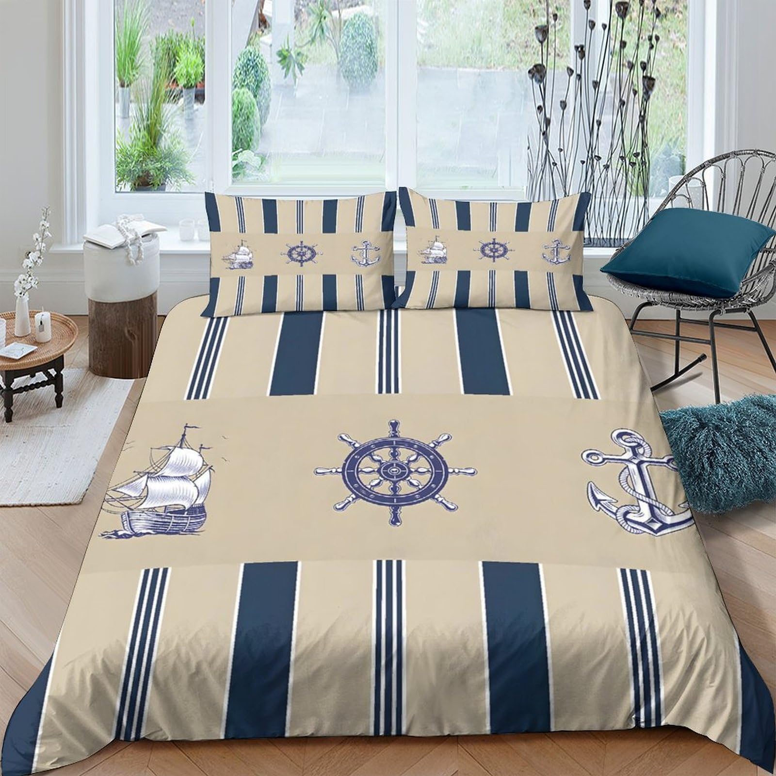 Ctjqhvkz Style-9 3D Printed Nautical Stripe Fitted Sheet Microfiber Soft Breathable Anchor Ship Bed Cover Bedroom Decor Mattress Protection Single（135X200cm）