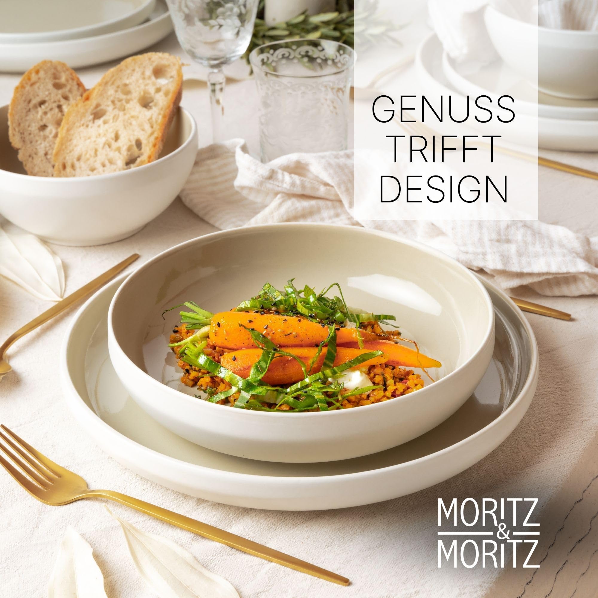 Moritz & Moritz Steingut Geschirrset 12 Personen mit Tassen 48-tlg. - Modernes Tafelservice in der Farbe Sand - Kombiservice mit Teller Set, Schüsseln & Tassen - Kaffeeservice