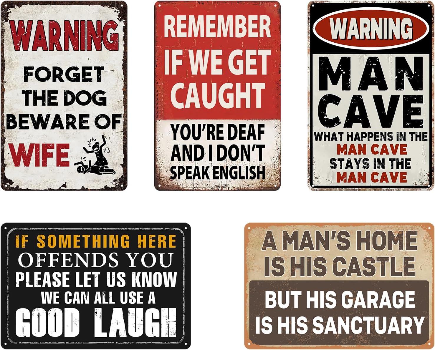 Paquete de 5 letreros de metal divertidos para decoración de cuevas de hombre, vintage, para garaje, para el hogar, bar, motocicleta, accesorios