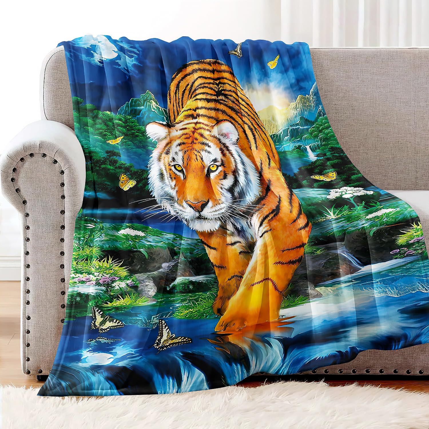 YISUMEI Decke 150x200 cm Kuscheldecken Sanft Flanell Weich Fleecedecke Bettüberwurf Mondschein Tiger