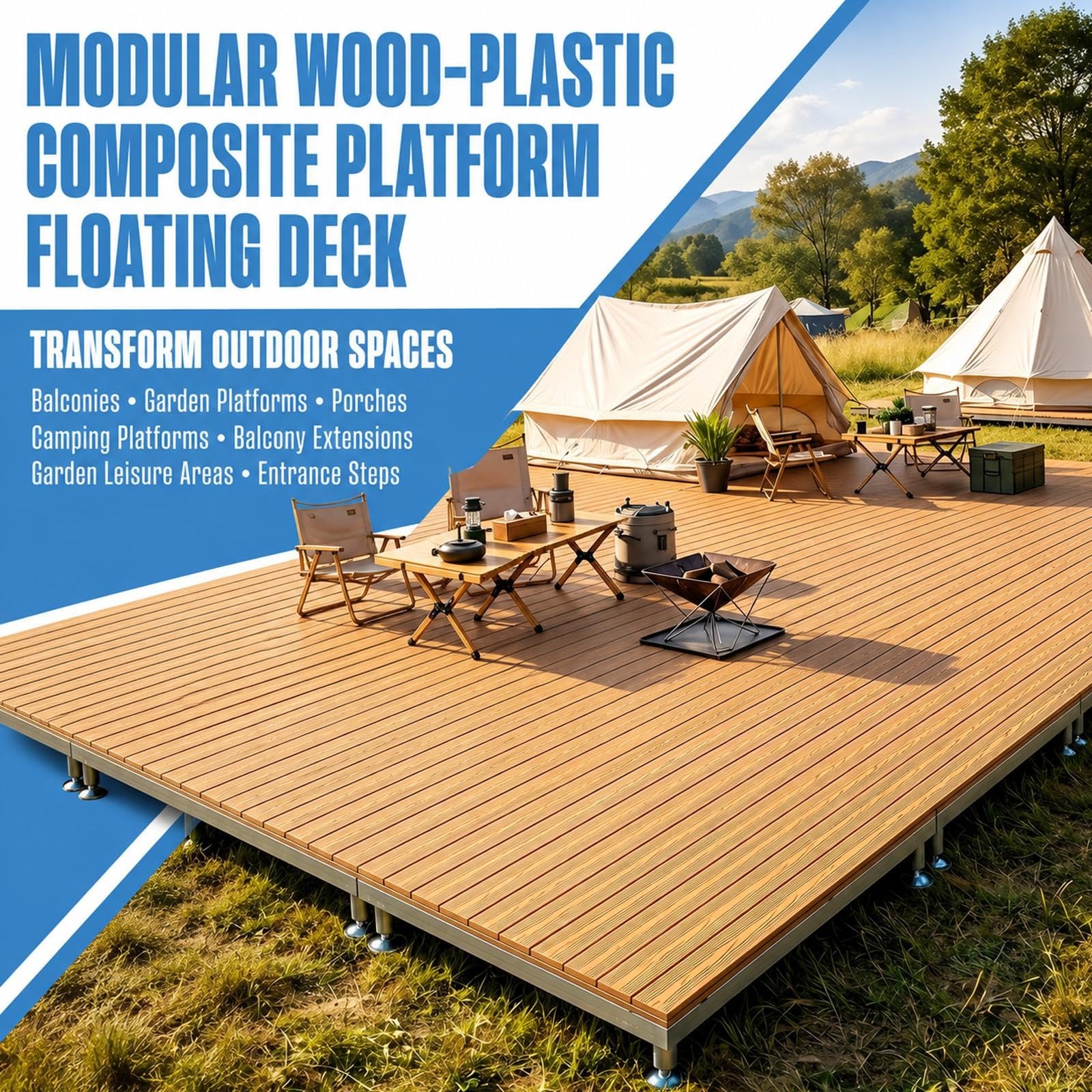 Piattaforma rialzata in legno composito impermeabile fai-da-te per patio | Portatile da giardino resistente, Modulare regolabile ad incastro per esterni per giardino, prato(Reddish brown,100cm/39.4in)