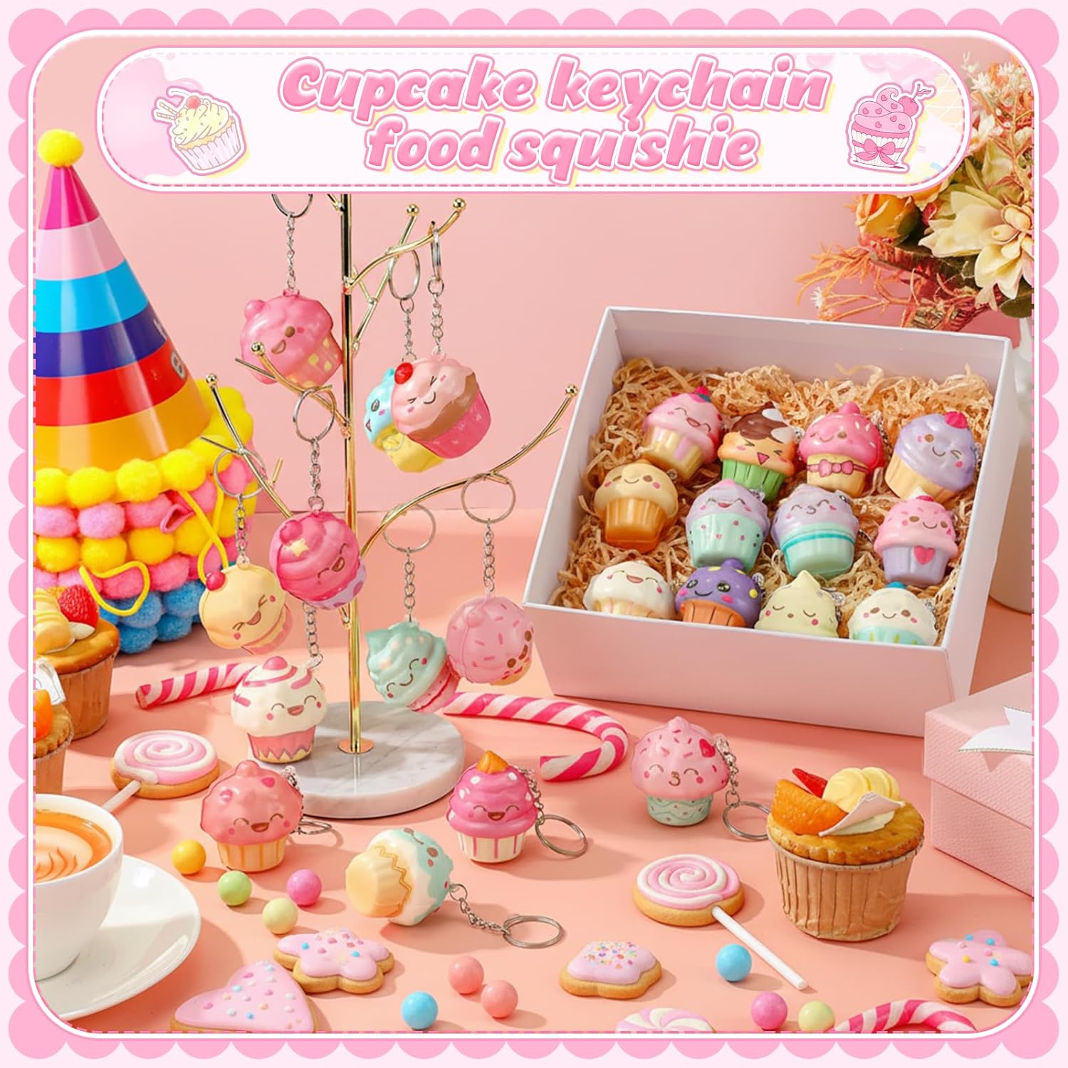 Hollowfly 24 Pcs Cupcake Stress Balls Keychains Charms Bulk Cute Birthday Cake Squeeze Stress Relief Keychains for Employee Coworker Staff Team Birthday Party Favors