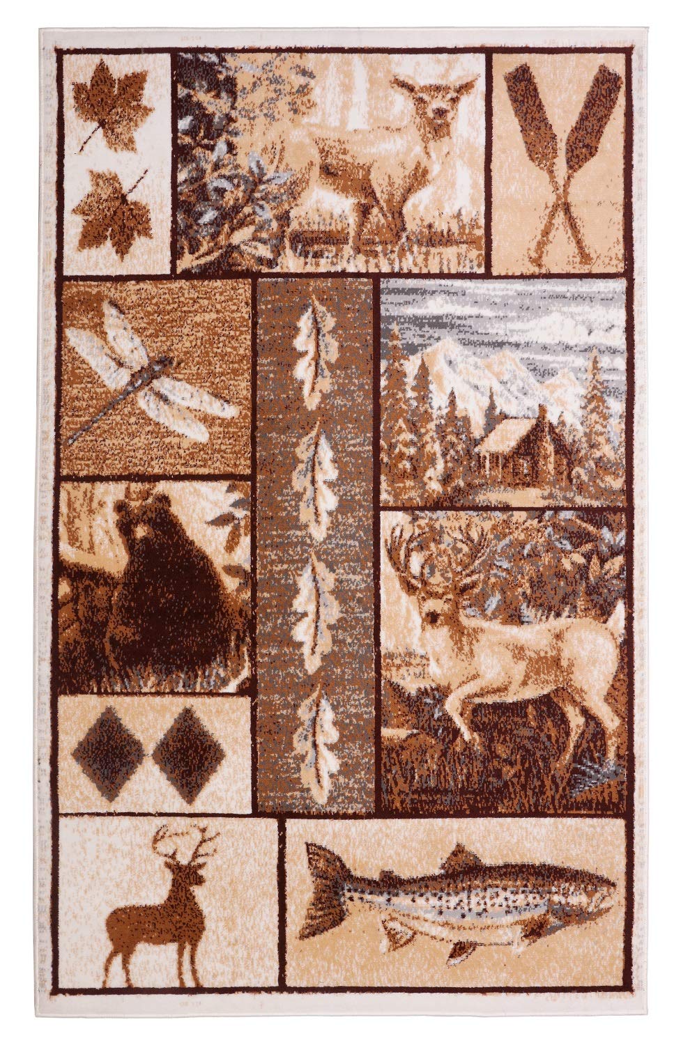 Furnish my Place Cabin Style Accent Rug - 2 ft. x 4 ft, Multicolor, Bear and Deer Rug with Flies, Fishes, Leaves, Patterns, Jute Backing