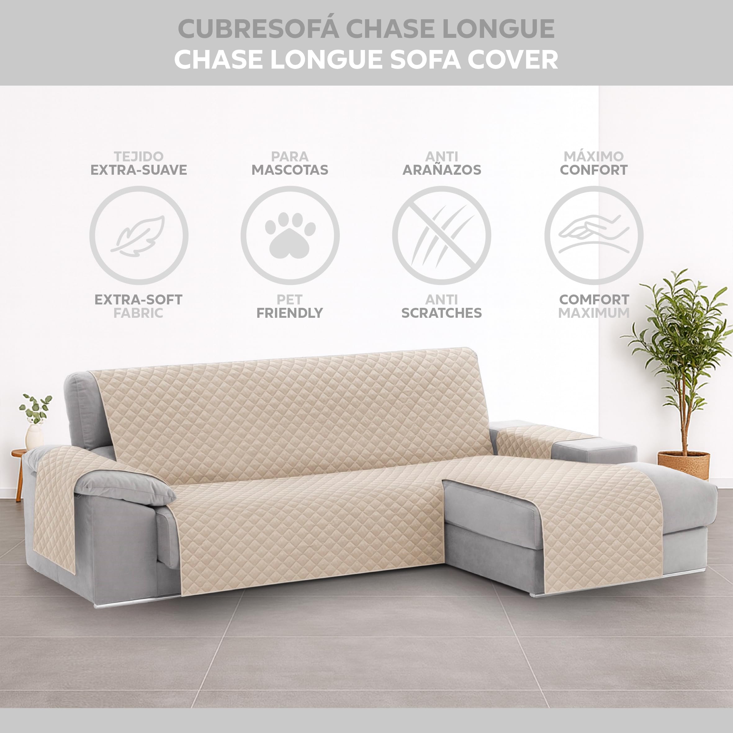 Textilhome Copridivano Chaise Longue con Penisola Malu 240cm – Salvadivano Trapuntato Universale con Bracciolo Destro, Protezione per Animali Domestici, Colore Avorio (Visto da Davanti)