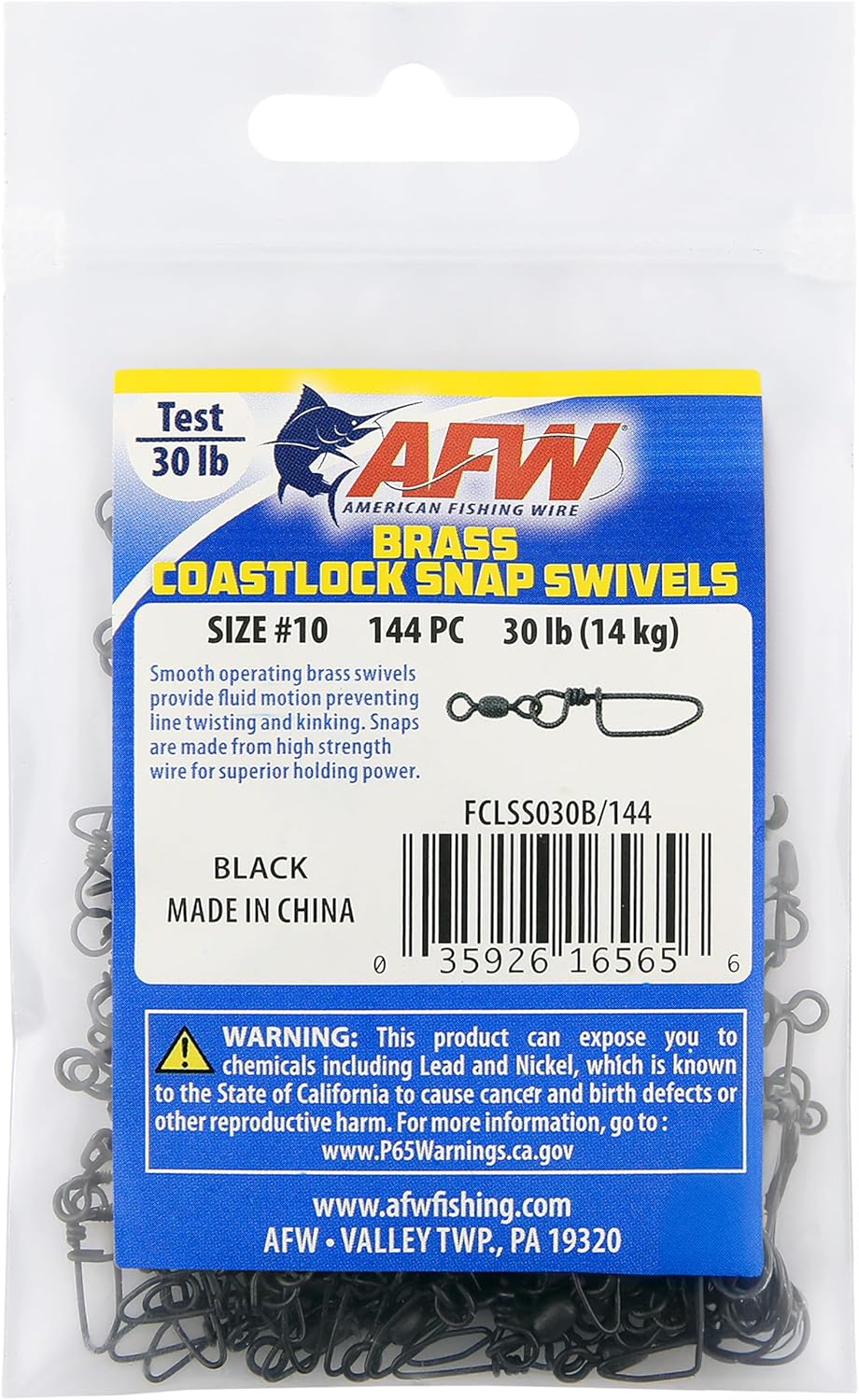 AFW Brass Coastlock Snap Swivels – Durable Fishing Gear with High-Strength Wire Snaps, Black Oxide Finish, Prevents Line Twisting & Kinking, Supports Up to 350 lb Test.