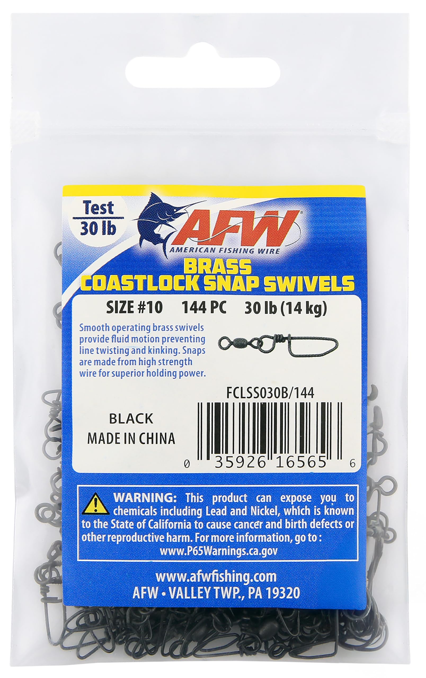 AFW Brass Coastlock Snap Swivels, Size #10, 30 lb Test, Black, 144 pc