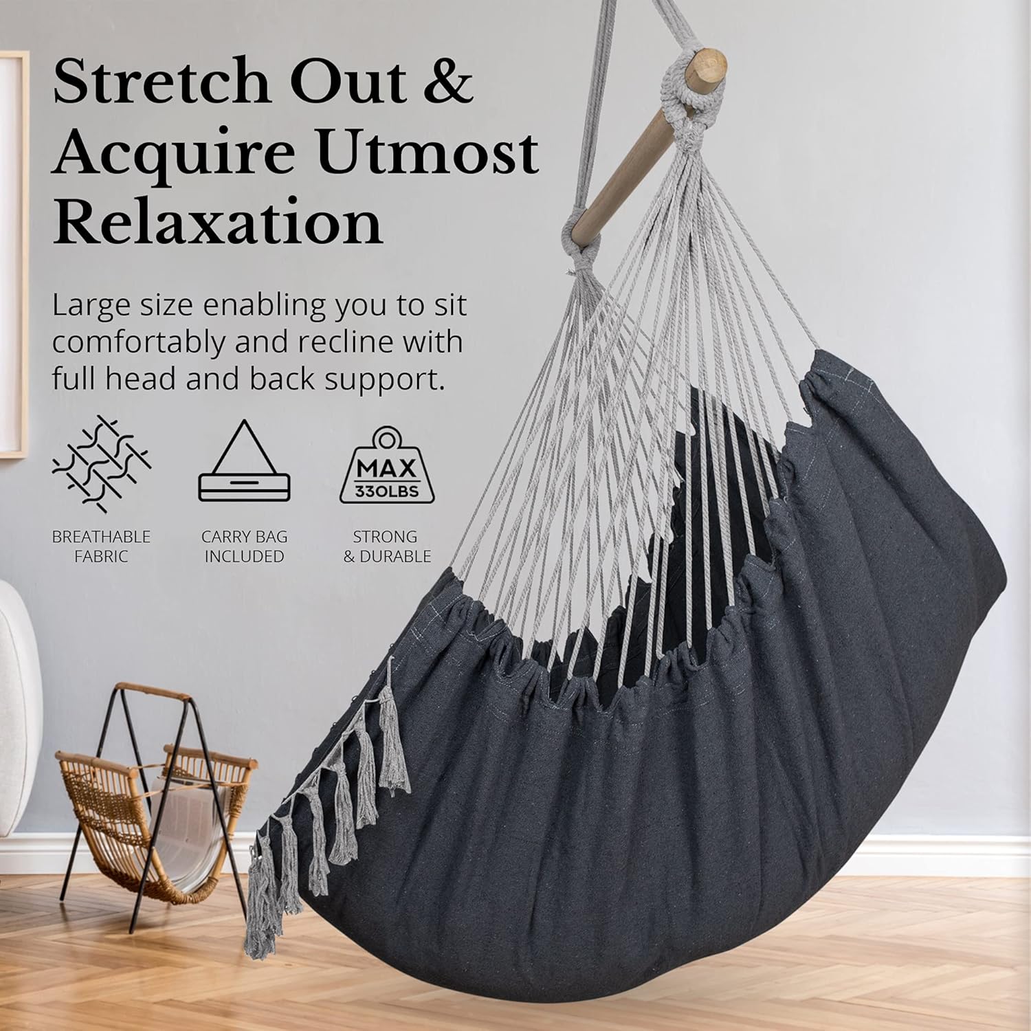 KOMOREBI Hammock Chair - Grey - 60" x 47" - Hanging Rope Swing for Indoor & Outdoor - Soft & Durable Cotton Canvas - 2 Cushions Included - Large Macrame Hanging Chair for Bedroom, Patio, Porch