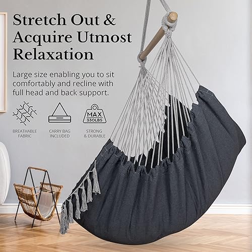 Miniatura 2 de KOMOREBI Silla hamaca  Gris  60 x 47 pulgadas  Columpio de cuerda colgante para interiores y exteriores  Lona de algodón suave y duradera  2 cojines