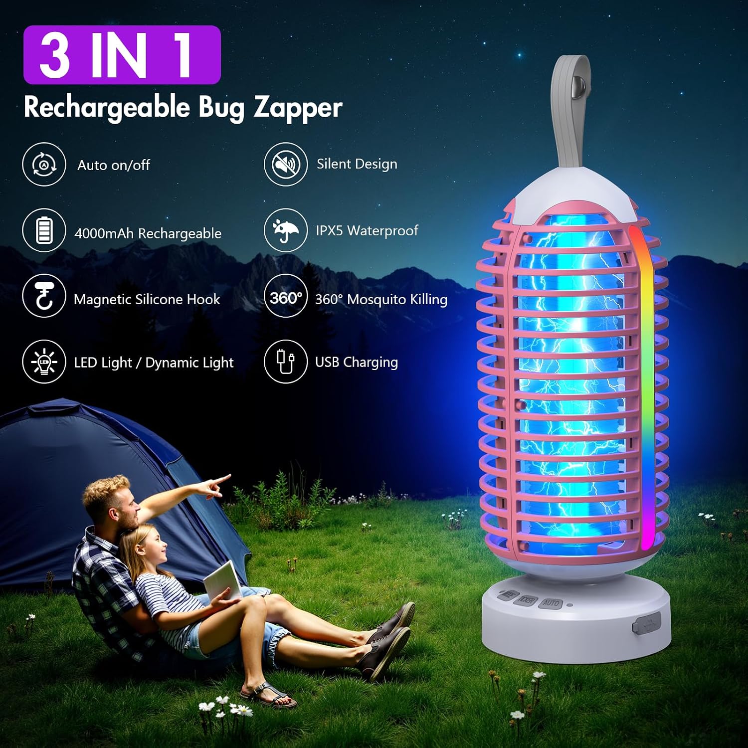 Bug Zapper Outdoor with Colorful Lighting and Auto-Sensing, 3 in 1 Cordless 4000mAh Battery Electric Fly Trap, Rechargeable Mosquito Zapper for Camping, Patios, Garden, Kitchen (2Pack-Pink)