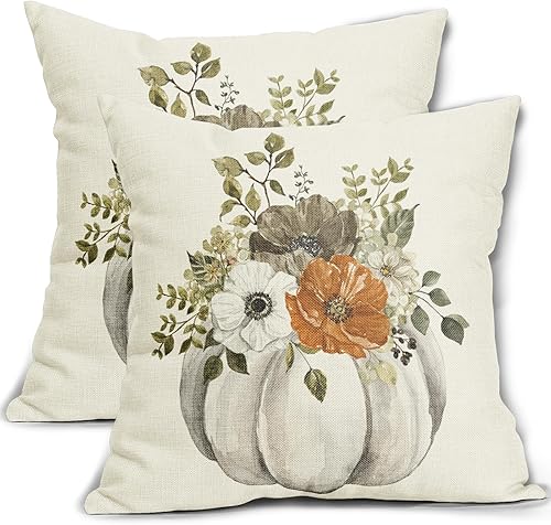 Miniatura 13 de Fundas de Almohada de Otoño 18x18 pulgadas Juego de 2 Acuarela Blanco Gris Calabaza Flor Almohadas Decorativas Exterior Otoño Acción de Gracias