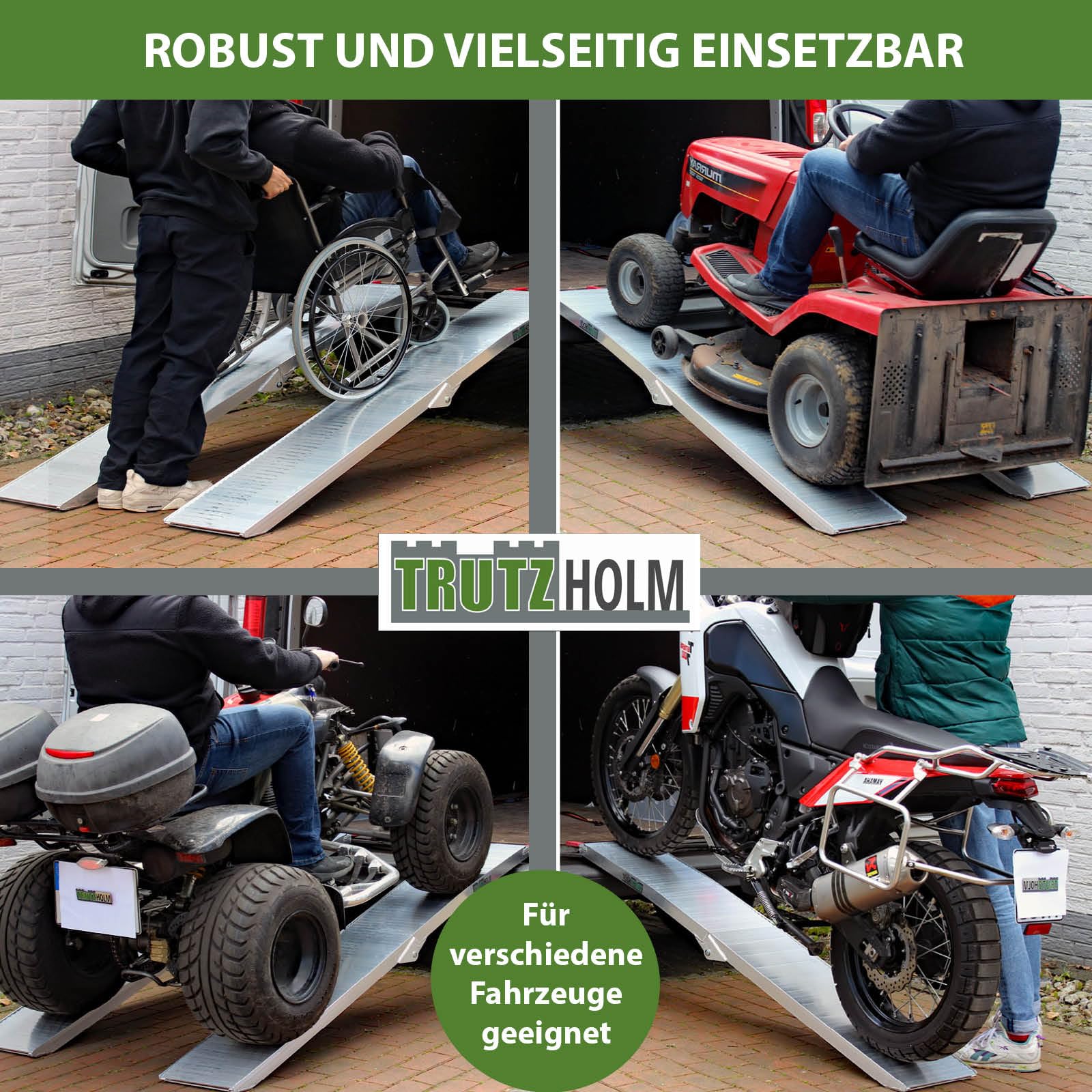 TRUTZHOLM 2x Auffahrrampe Alu klappbar 205 cm 340 kg Traglast je Rampe rutschfeste Lauffläche Breite 28 cm faltbare Motorradrampe extra leicht Verladerampe mit stabiler Konstruktion inkl. 2x Spanngurt