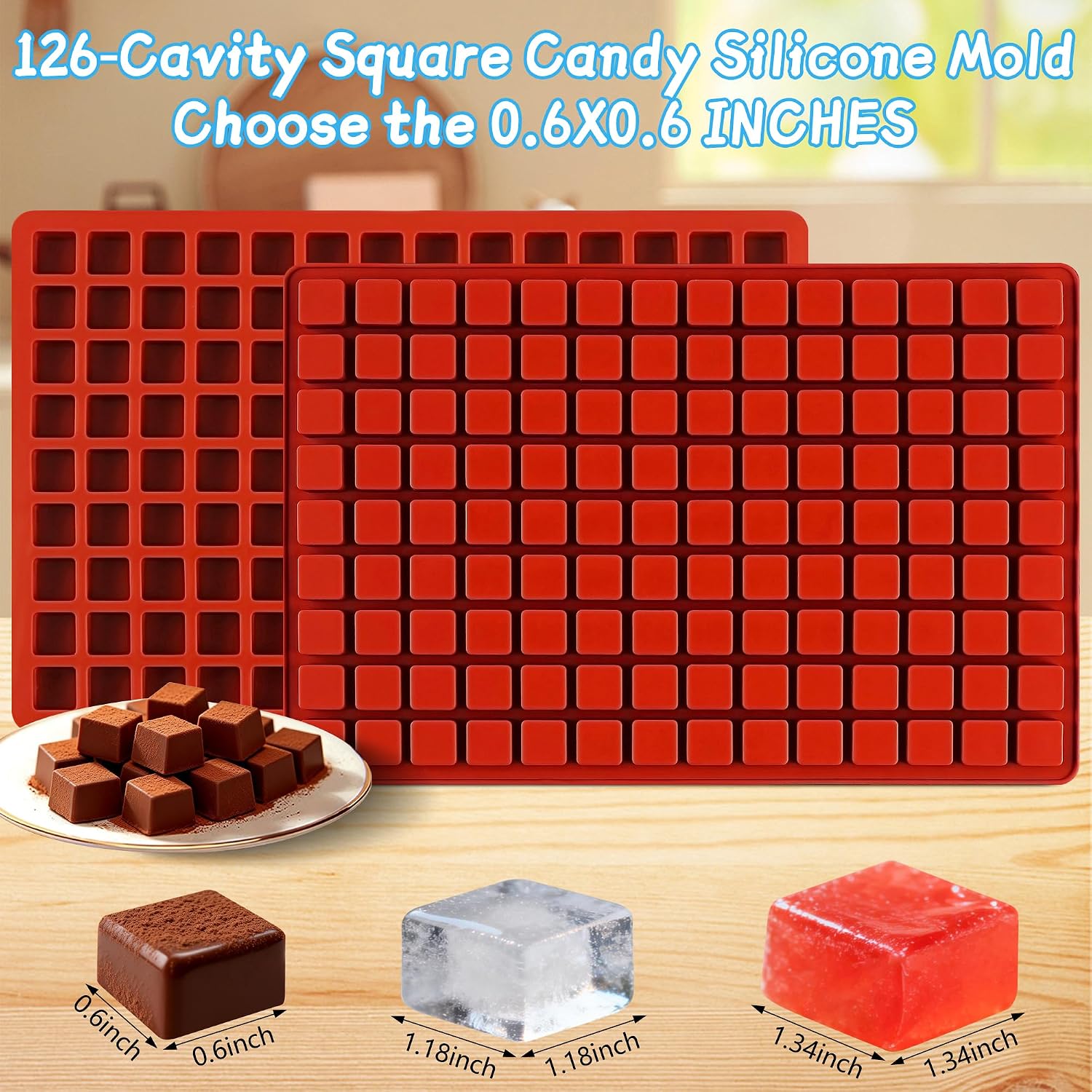 3Pcs 126-Cavity Square Hard Candy Molds Silicone for Candy, Mini Square Silicone Molds for Caramels, Gummy, Chocolate, Ice Cubes