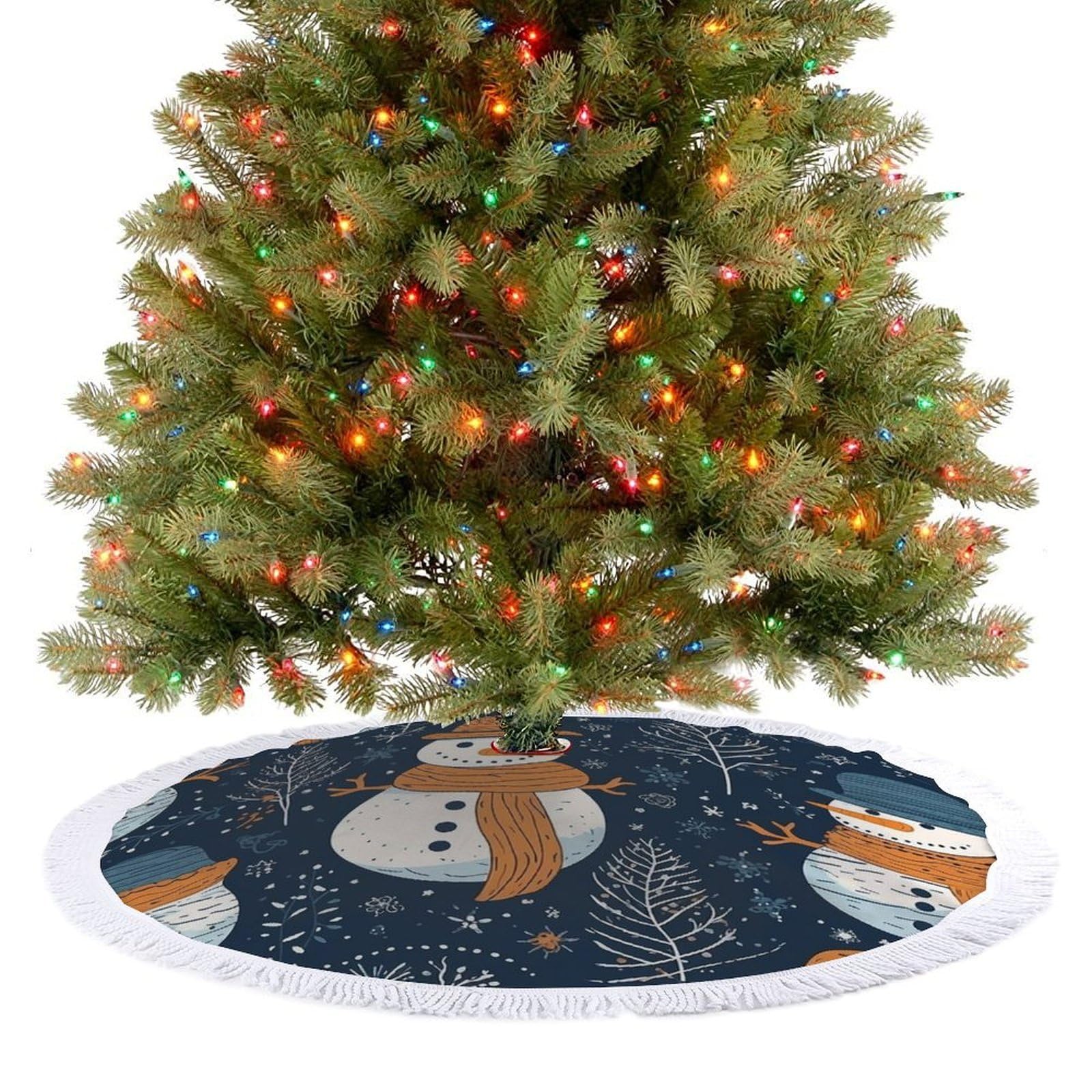 Snowman Wearing Hat Christmas Tree Skirt 48"x48" Rustic Xmas Tree Mat with Tassel Ornament Christmas Trees Cover Skirt Mat for Evergreen Trees Ornament Winter Holiday Mats Decorations