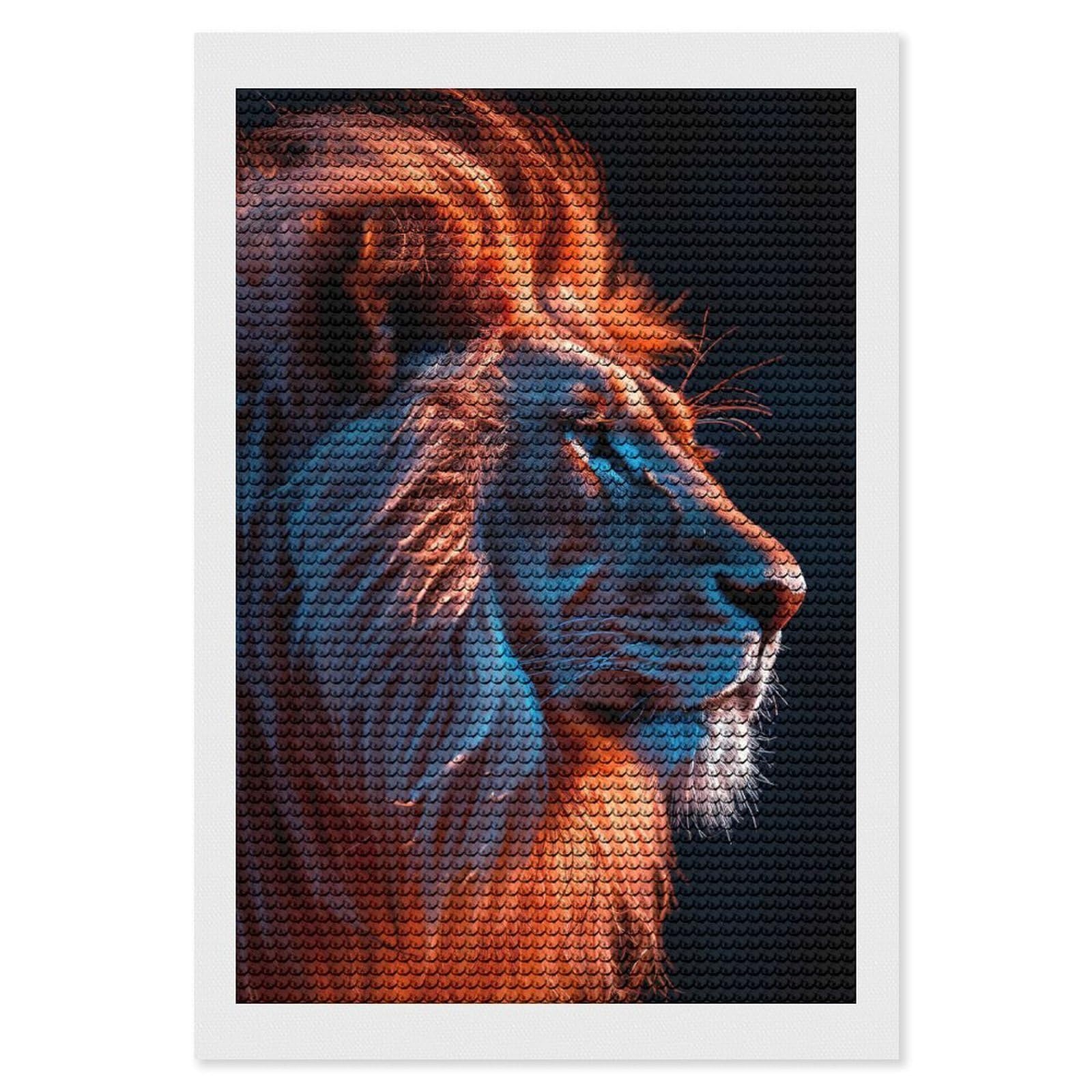 Junmoney Lion Portrait with Orange and Blue Lighting Diamond Painting Canvas Set 8"x12", Full Kit Included, Calming Craft to Unwind, Farmhouse Decor, Christmas Gift