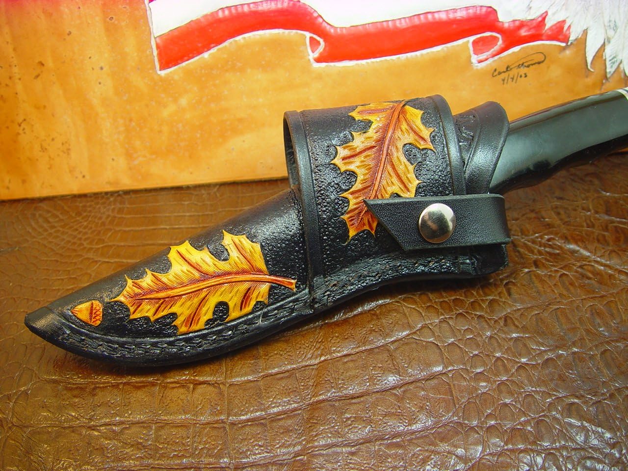 Buckk 119 Cross Draw Sheath the Sheath Is Made to Fit a Buck 119 Only. It Can Be Worn on the Right or Left Hand Side. The Sheath Is Black Hand Tooled with Oak Leaves and Acorns. The Sheath Is Made Out of 10 Ounce Leather. I Only Ship in the Us Thanks for Looking Carl.