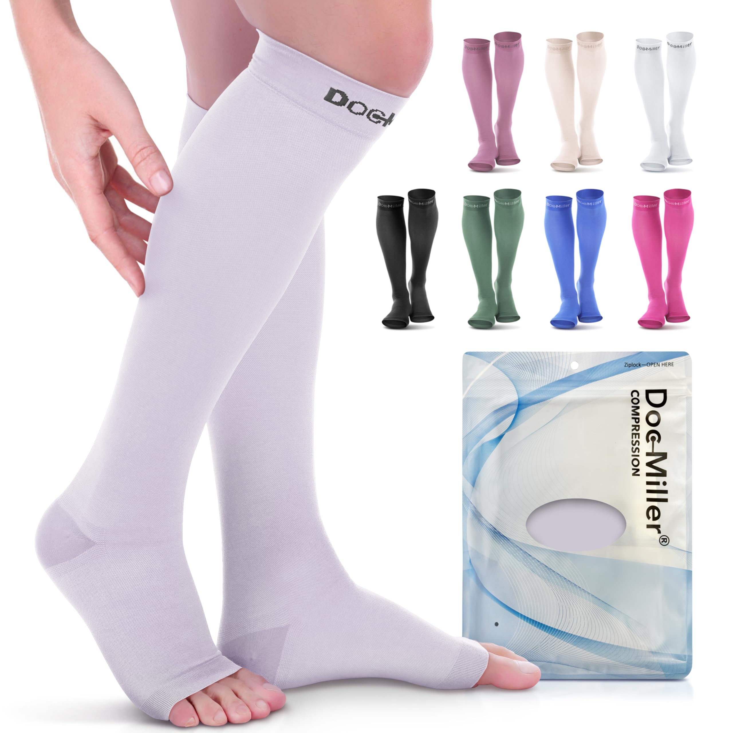 Doc Miller Open Toe Compression Socks, 20-30 mmHg, Knee High, Men &amp; Women