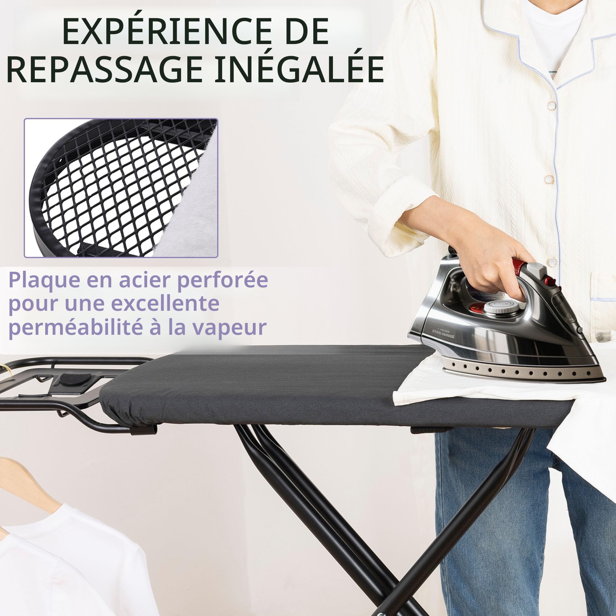 Aoufottes - Planche à repasser de luxe robuste avec repose-fer - Vapeur et pieds antidérapants - Structure stable - Hauteur réglable