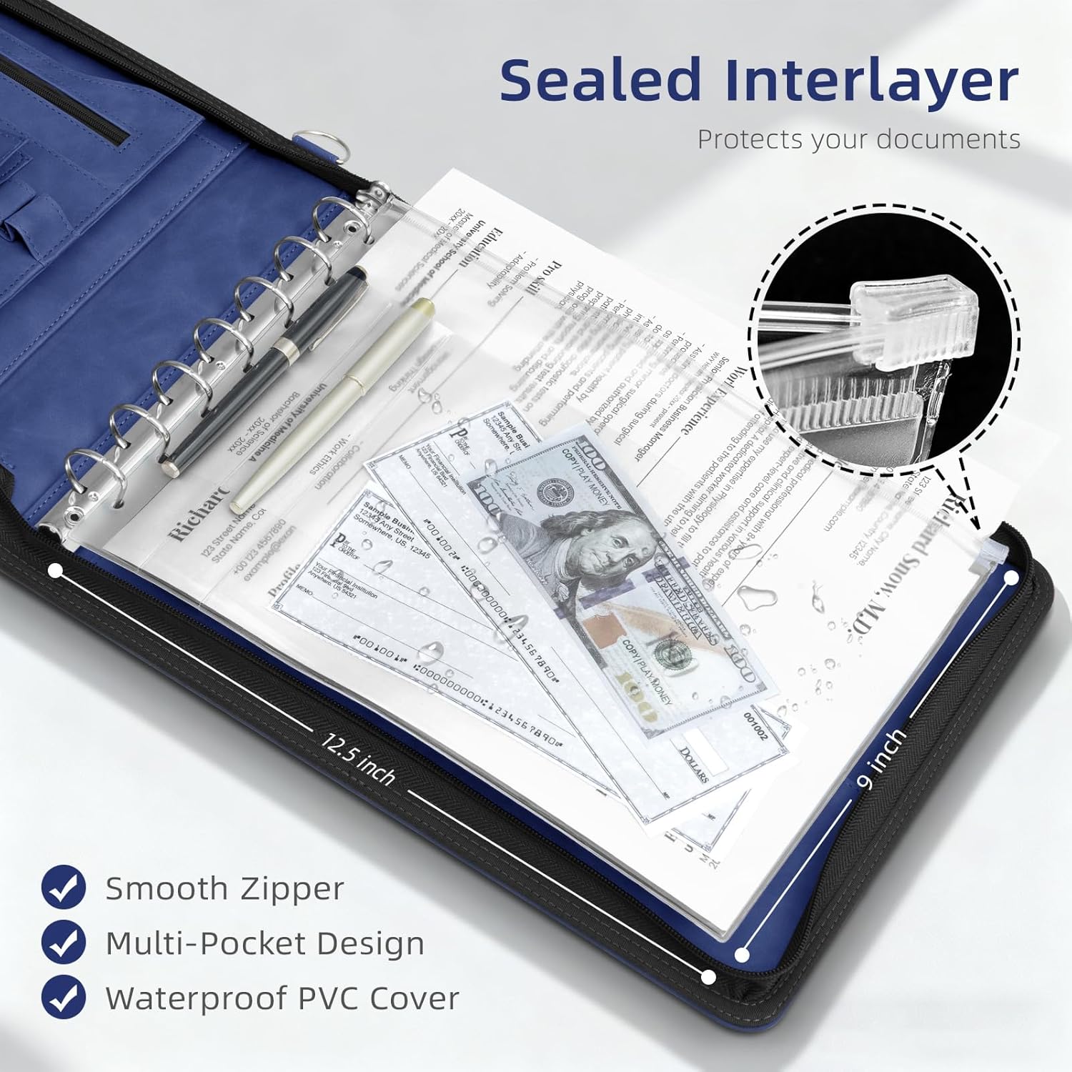 Ospelelf Blue Zippered 7 Ring Check Binder for Business Checks (9" x 13"), 1 Inch Faux Leather Checkbook Portfolio with Zipper Pouch, Professional Binder Organizer for Accountants, Home Use