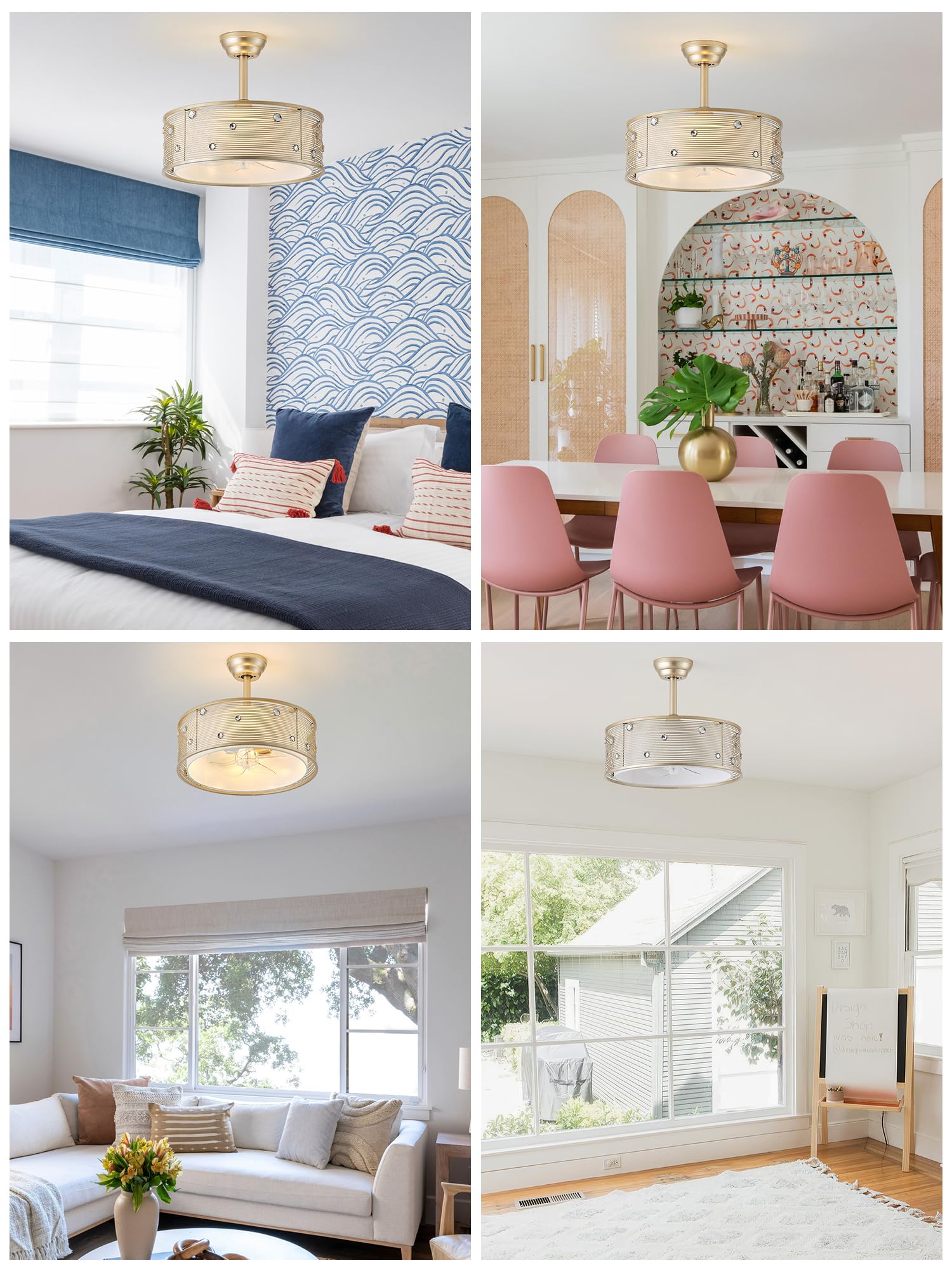 MizWacky Gold Crystal Fandelier Ceiling Fans with Lights, 20" Gold Flower Chandelier Ceiling Fan with Light Remote Control, Caged Mid-Century with 6 Speeds for Bedroom, Nursery, Living Room: Gold