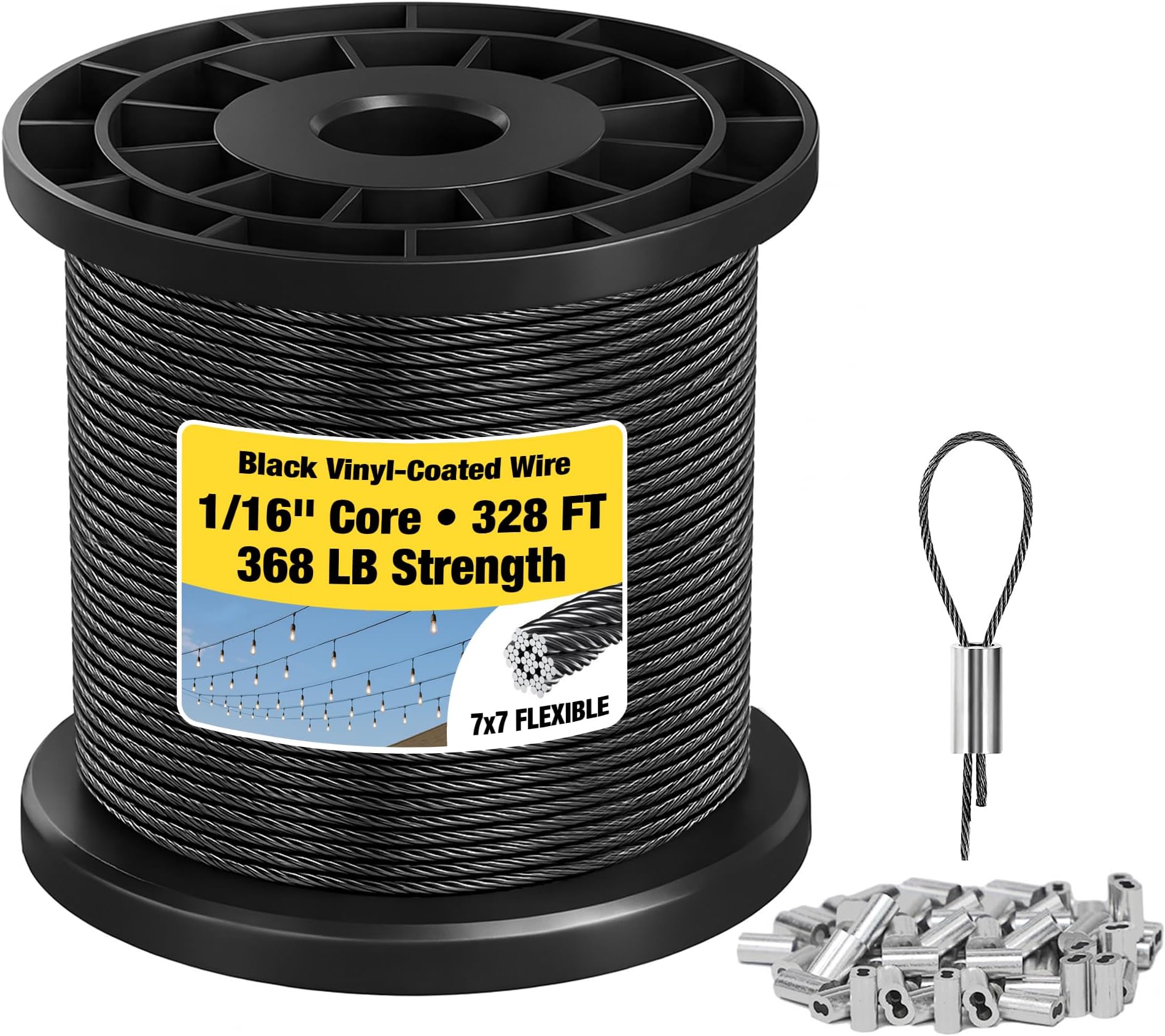 Discount Parts Direct 1/16 Wire Rope - 328FT 304 Stainless Steel Cable 7x7 368lbs Breaking Strength, Coated Wire Cable with 150 Crimping Sleeves, for Clothes Line, Trellis and String Light Cable