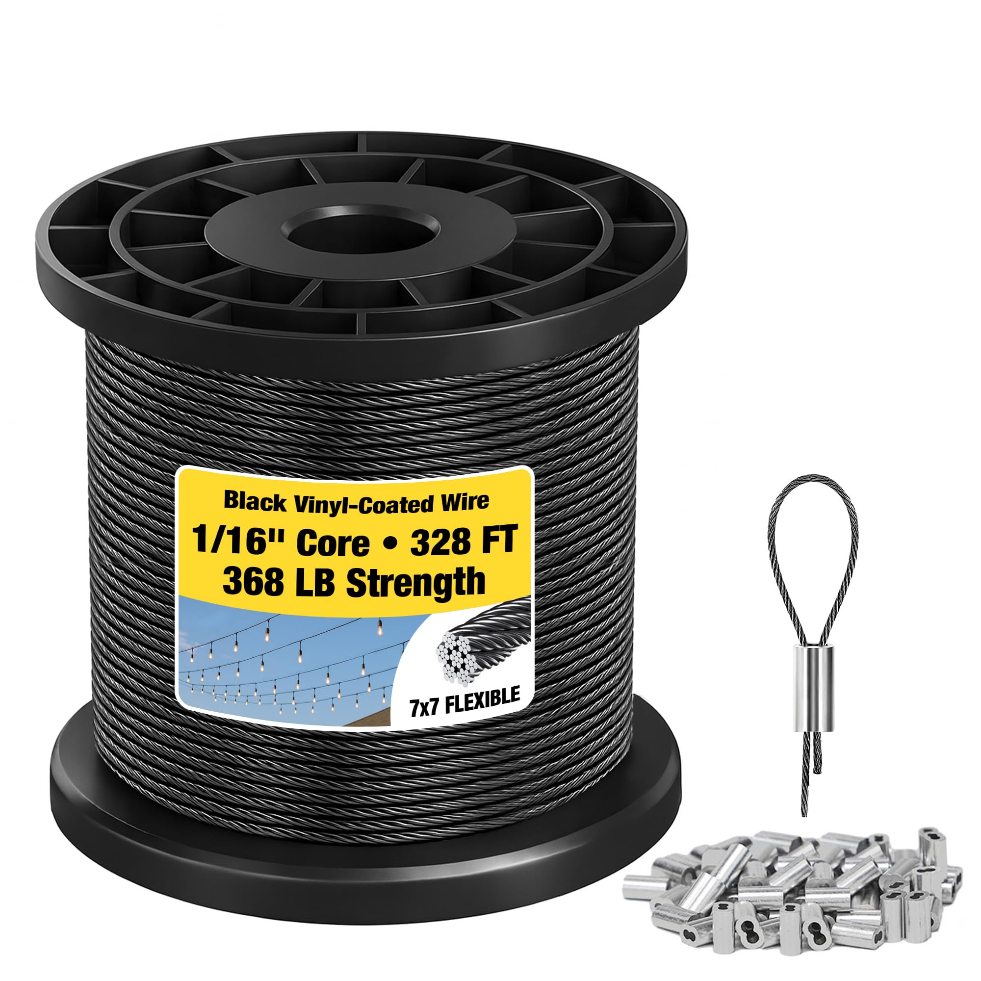 1/16” Wire Rope – 328FT 304 Stainless Steel Cable, 7x7 Flexible 368lbs Breaking Strength, Black Vinyl Coated with 150 Crimp Sleeves for String Lights, Garden Trellis, DIY Projects, Picture Hanging