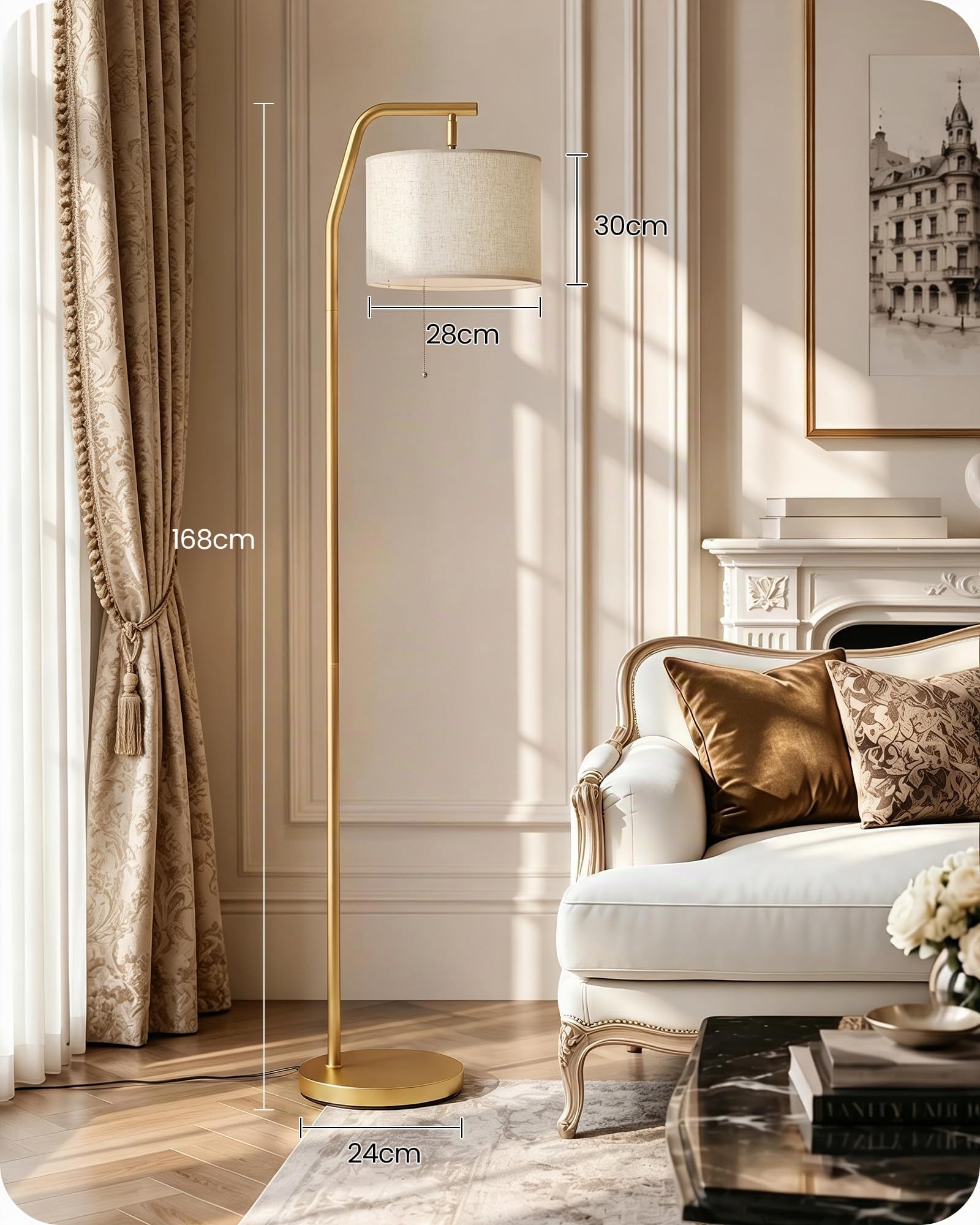 Stehlampe für Wohnzimmer, 3 Farbtemperaturen, Stehleuchte Gold | 9W-LED-Leuchtmittel, Standleuchte mit Zugschalter, Wohnzimmerlampe, hohe Lampe für Schlafzimmer, Büro ZDE29LDD05