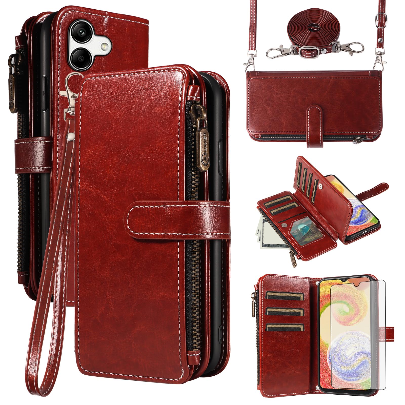 Asuwish Phone Case for Samsung Galaxy A04 Cover with Tempered Glass Screen Protector and Lanyard Zipper Wallet Card Holder Slot Stand Mobile Flip
