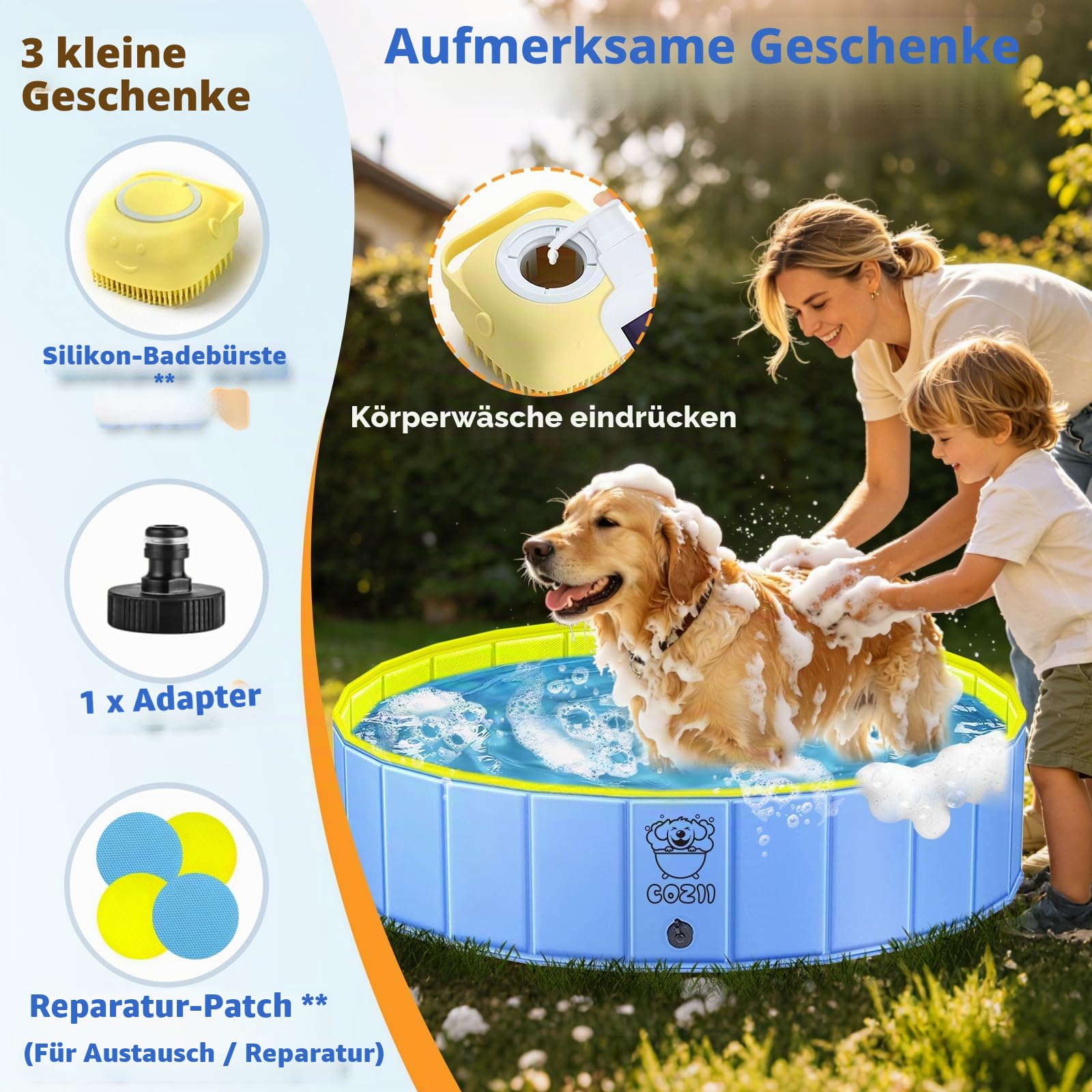 COZII Hundepool 160 x 30cm faltbare Hundebadewanne Planschbecken für Hunde Kinder rutschfest PVC mit Badebürste