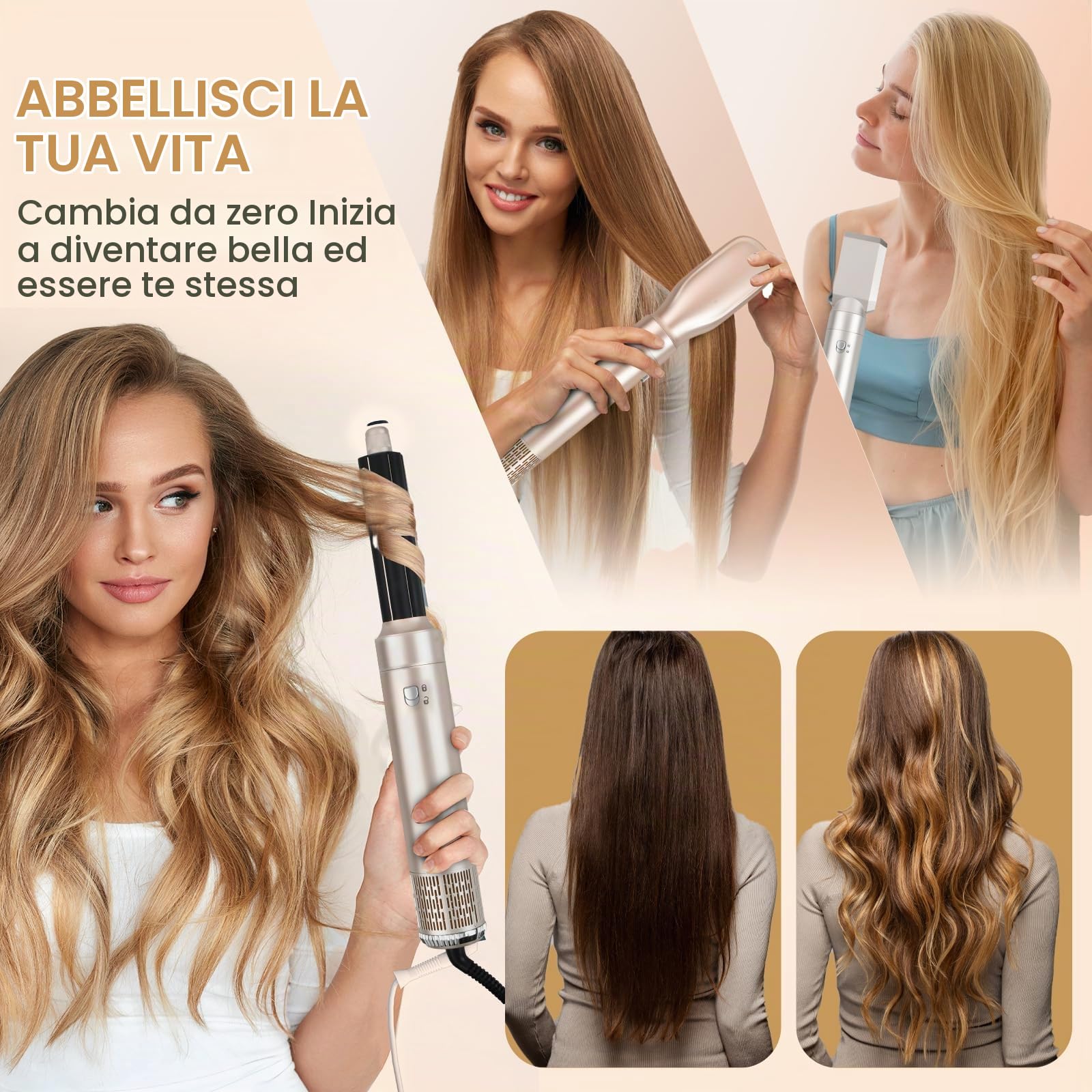 Air Styler 6 in 1,Spazzola Asciugacapelli Multifunzione,Ferro Arricciacapelli ad aria Calda,3 Temperature,Spazzola Ad Aria Calda,con 6 accessori,Accessori per Styling Liscio,Onde,Ricci